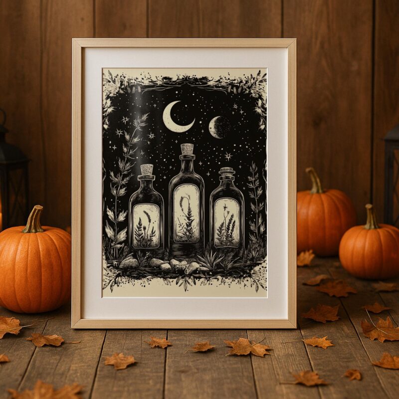 Apothecary Wall Art, Moonlit Botanical Print, Whimsical Witchy Decor