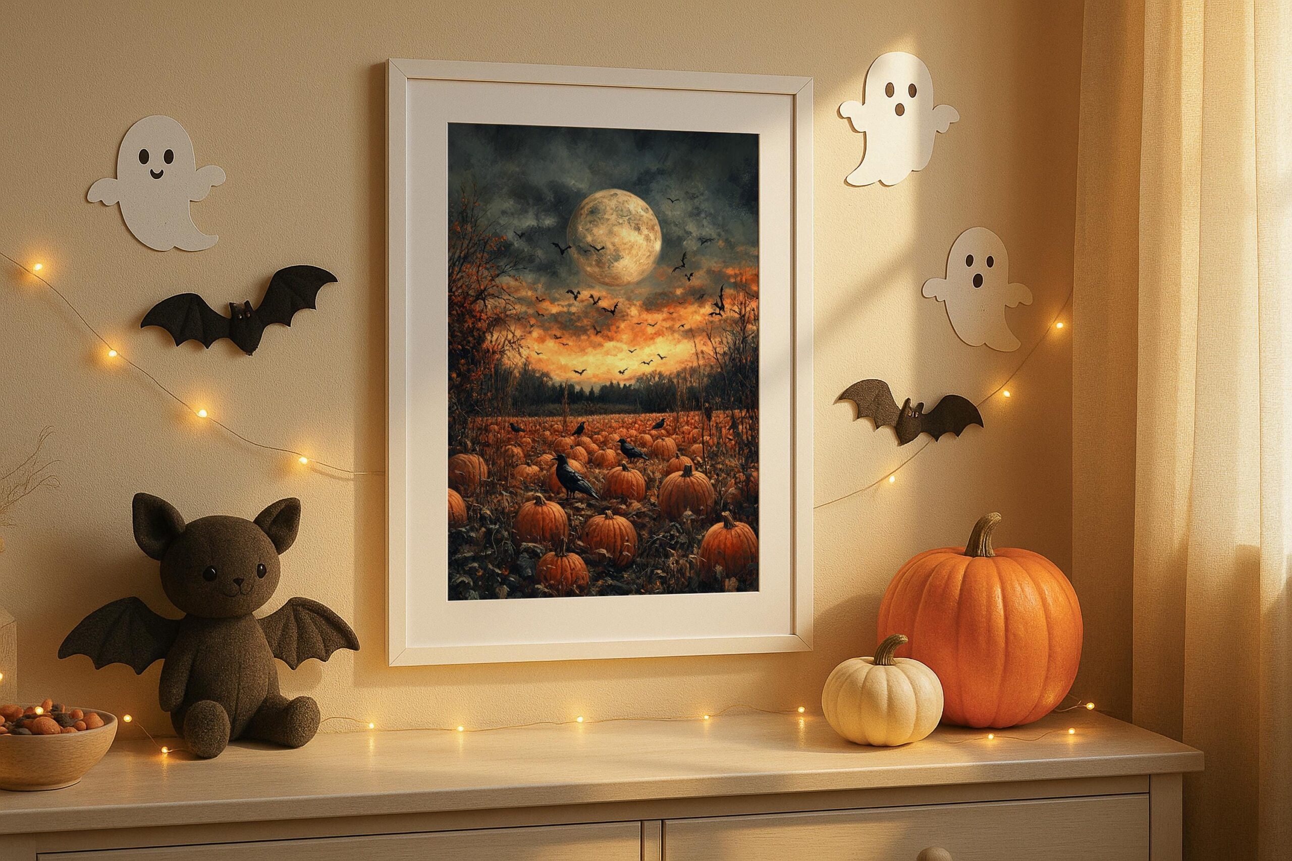 Haunted Pumpkin Patch Wall Art, Full Moon Halloween Print, Spooky Autumn Decor - Image 3