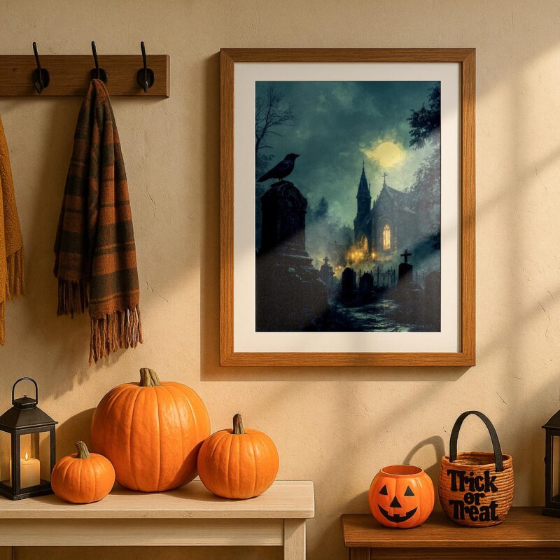 Gothic Graveyard Wall Art, Haunted Church Raven Print, Dark Academia Decor
