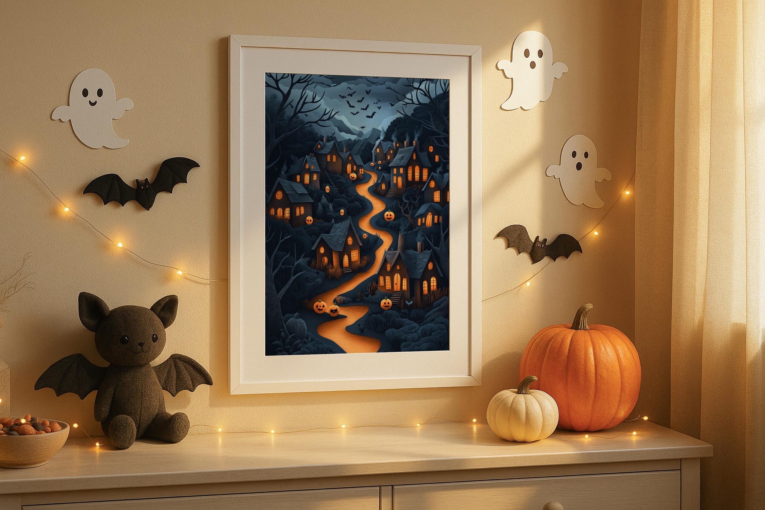 Halloween Village Wall Art, Spooky Pumpkin Path Print, Whimsical Autumn Decor - Image 10