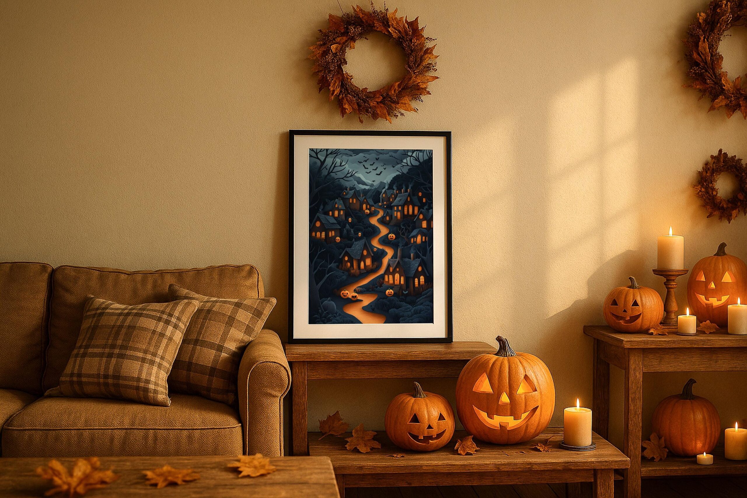 Halloween Village Wall Art, Spooky Pumpkin Path Print, Whimsical Autumn Decor - Image 2