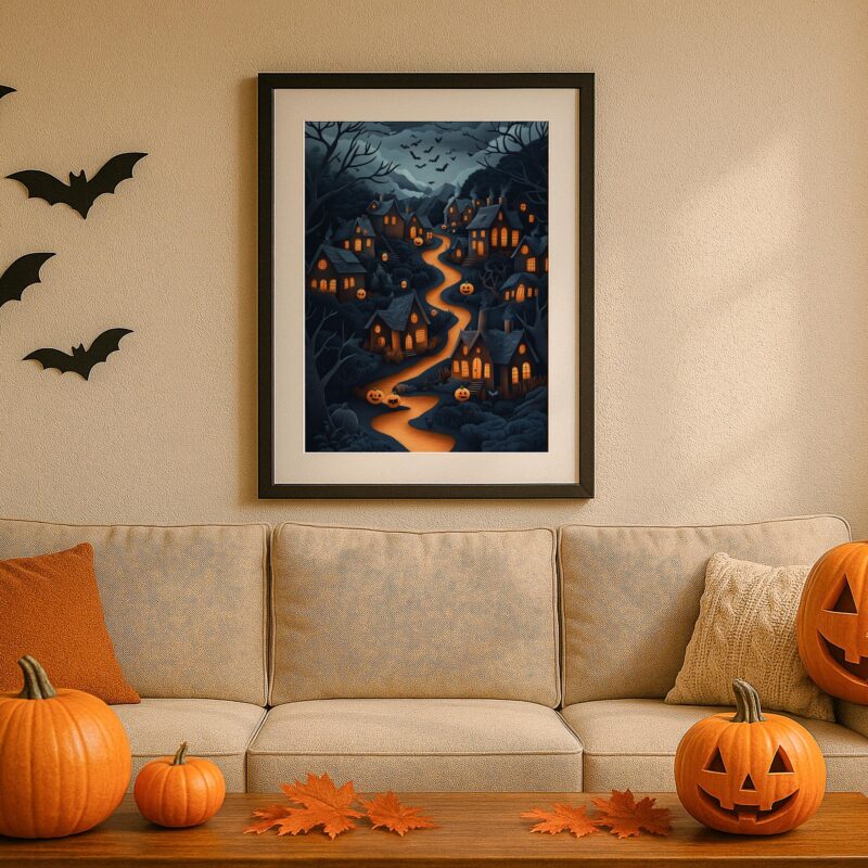 Halloween Village Wall Art, Spooky Pumpkin Path Print, Whimsical Autumn Decor
