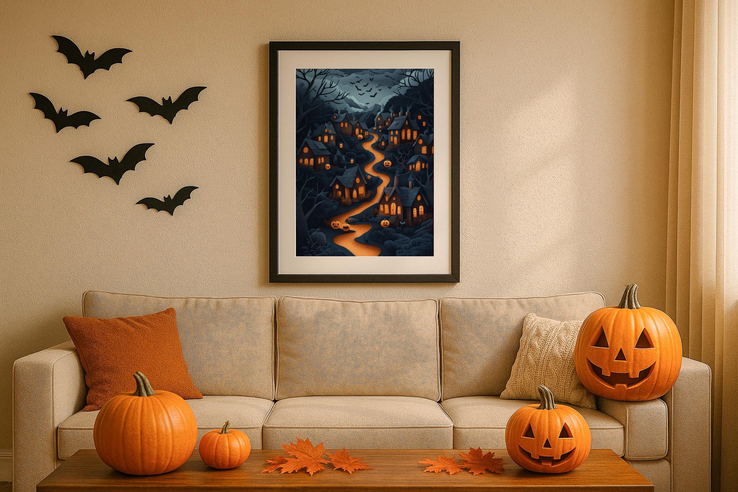 Halloween Village Wall Art, Spooky Pumpkin Path Print, Whimsical Autumn Decor