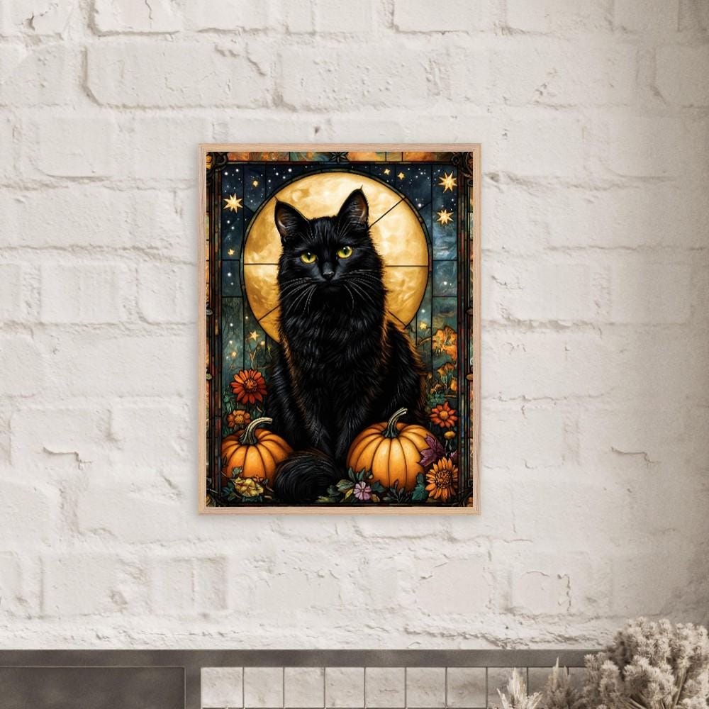 Black Cat Wall Art, Stained Glass Halloween Print, Mystical Pumpkin Decor - Image 2
