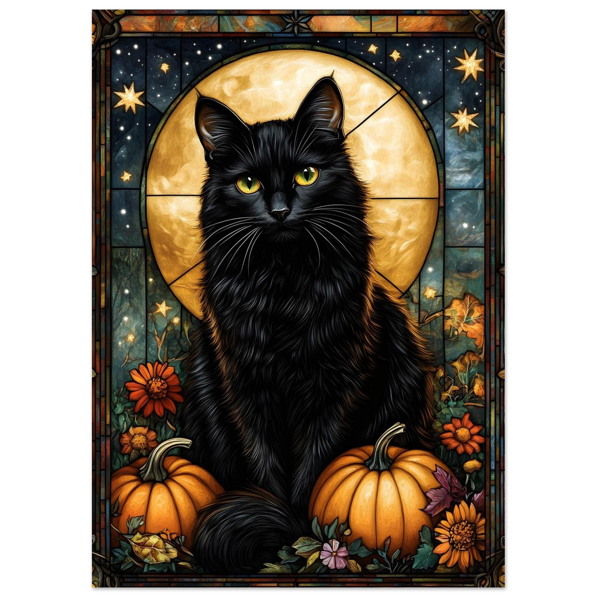 Black Cat Wall Art, Stained Glass Halloween Print, Mystical Pumpkin Decor - Image 10