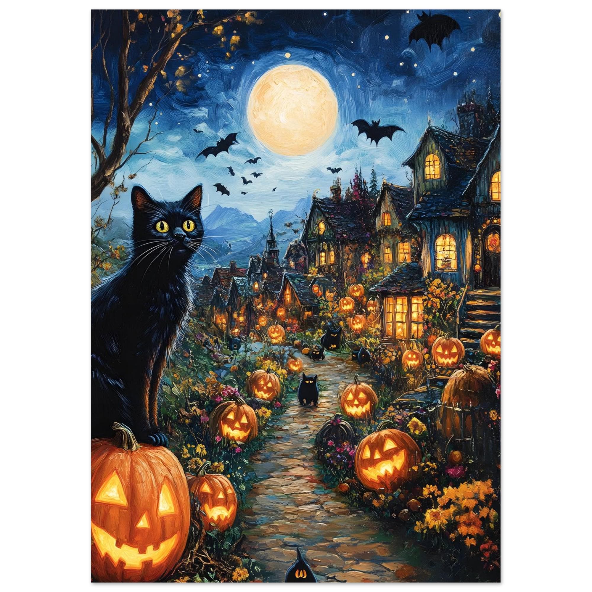 Halloween Village Wall Art, Black Cat Print, Glowing Pumpkin Decor - Image 9