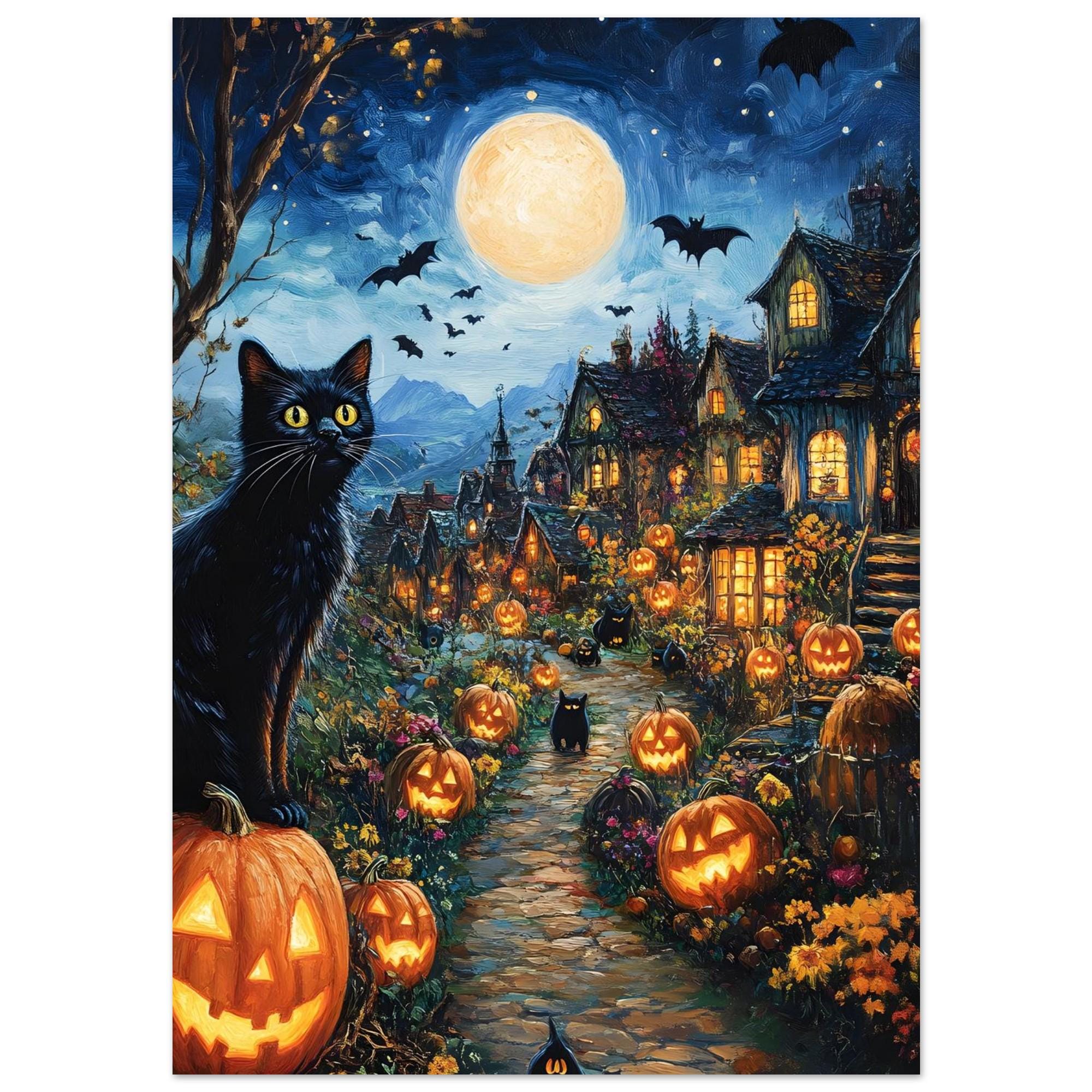 Halloween Village Wall Art, Black Cat Print, Glowing Pumpkin Decor - Image 10
