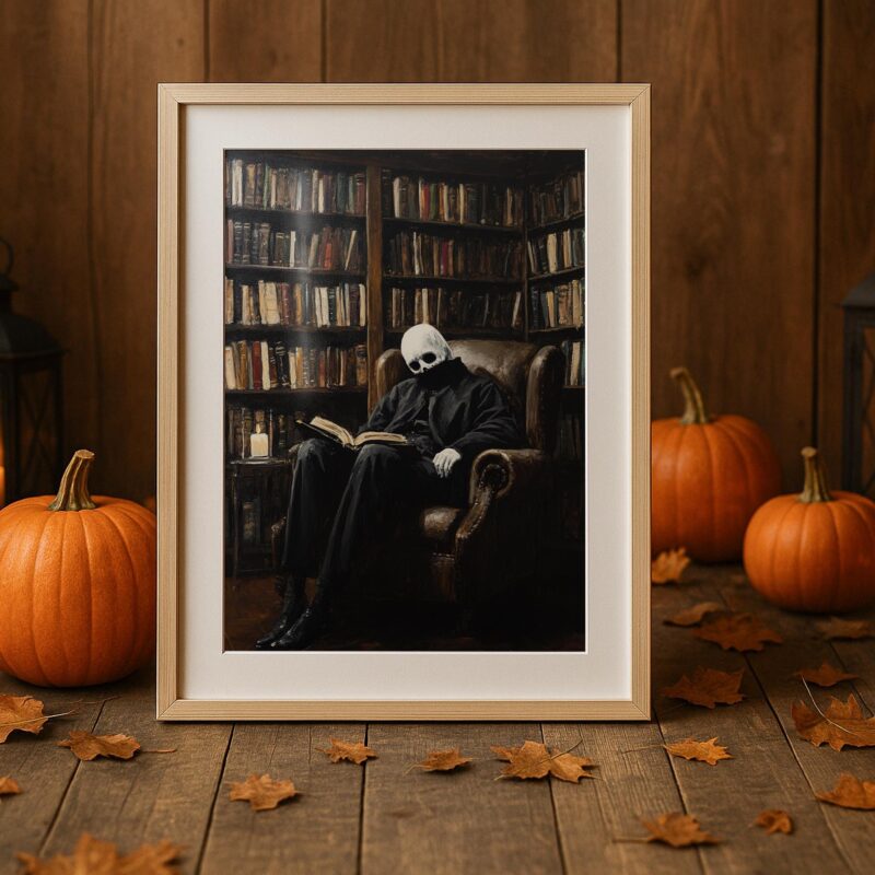 Dark Academia Wall Art, Reading Skeleton Print, Gothic Library Decor