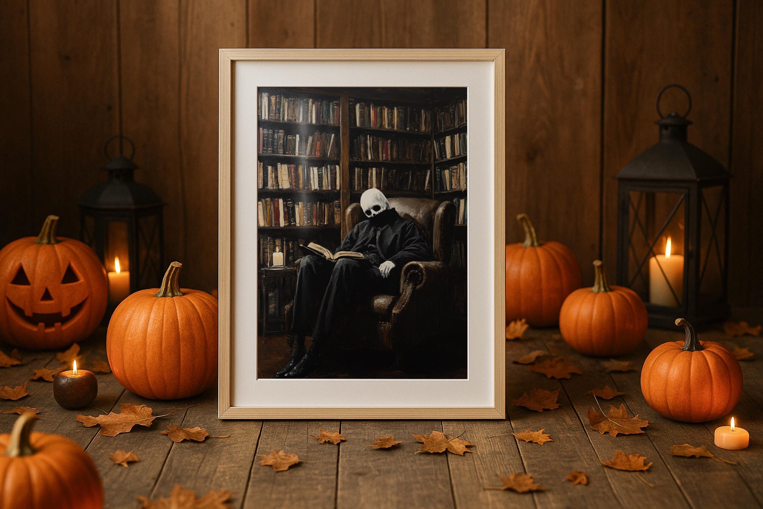 Dark Academia Wall Art, Reading Skeleton Print, Gothic Library Decor