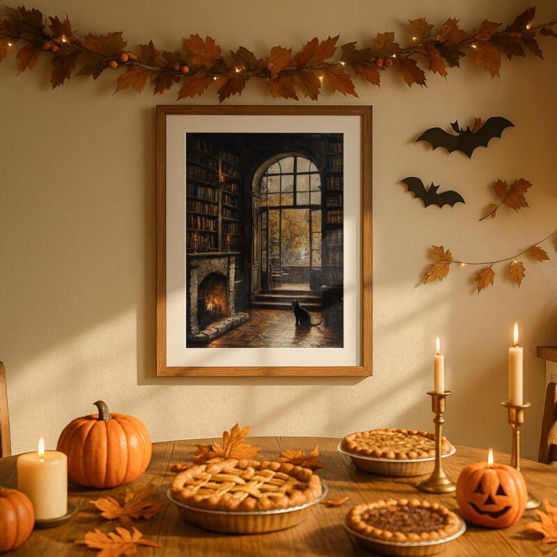 Cozy Library Wall Art, Black Cat Print, Autumn Reading Room Decor