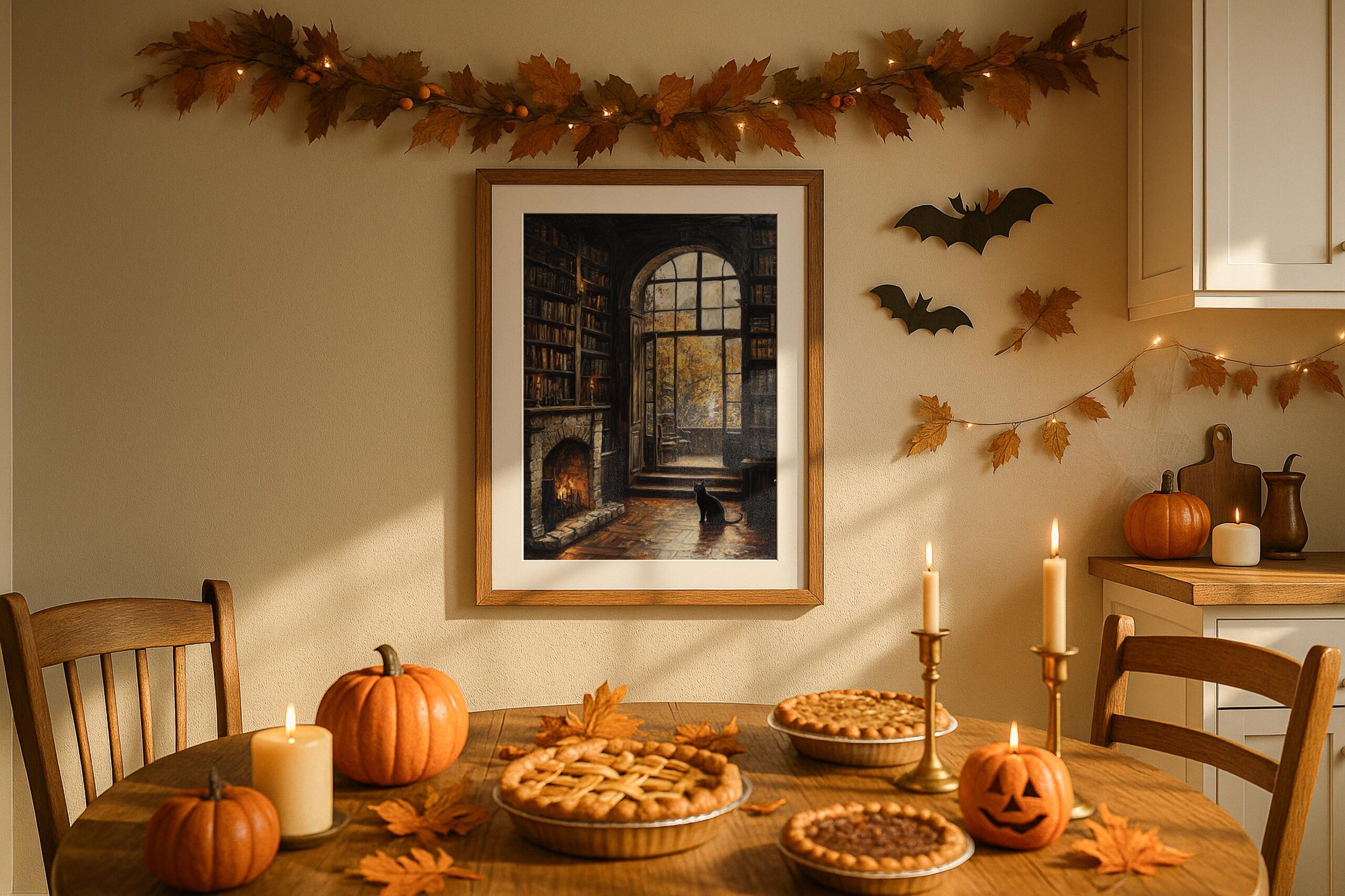 Cozy Library Wall Art, Black Cat Print, Autumn Reading Room Decor