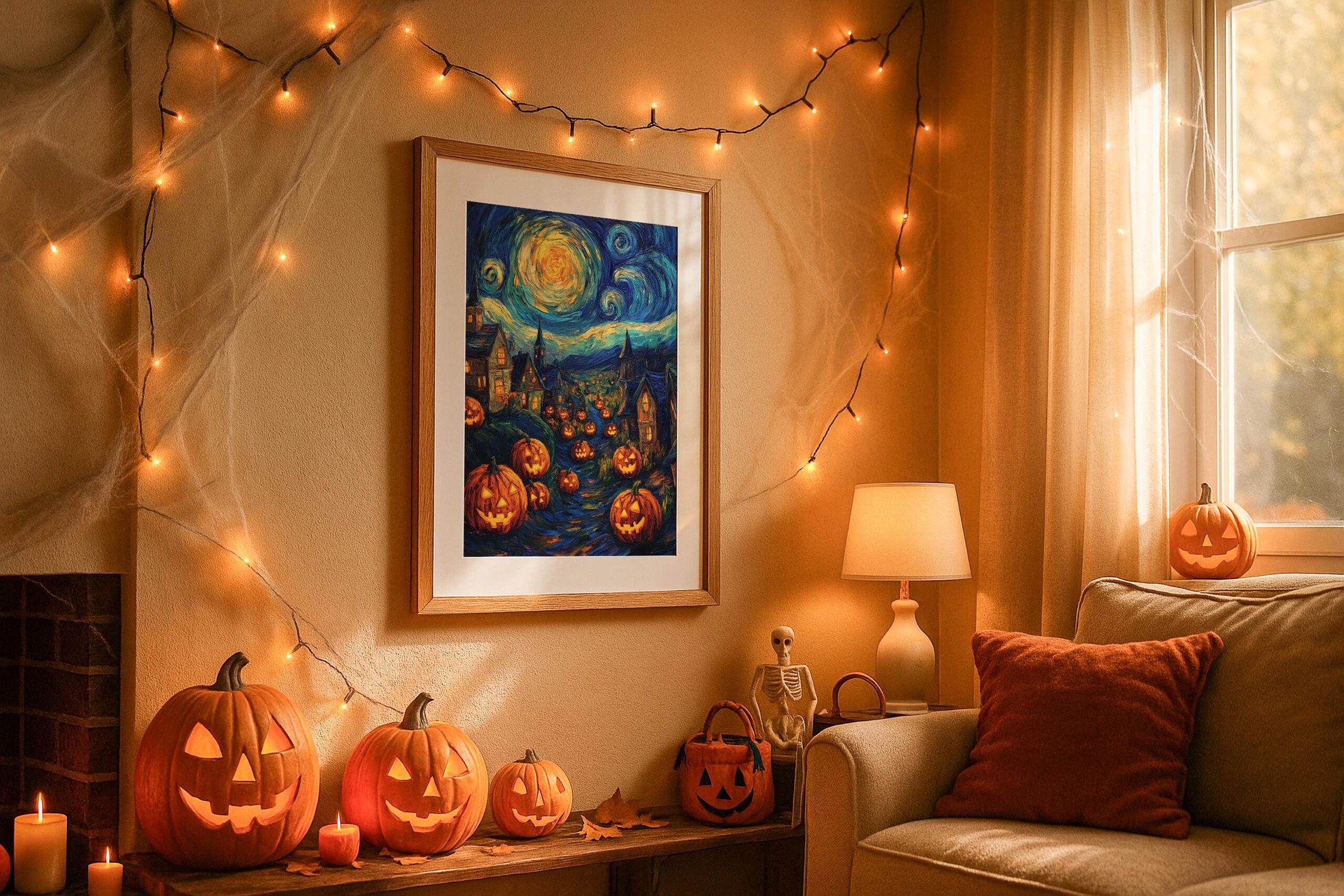 Halloween Village Wall Art, Starry Night Pumpkin Print, Spooky Autumn Decor - Image 9