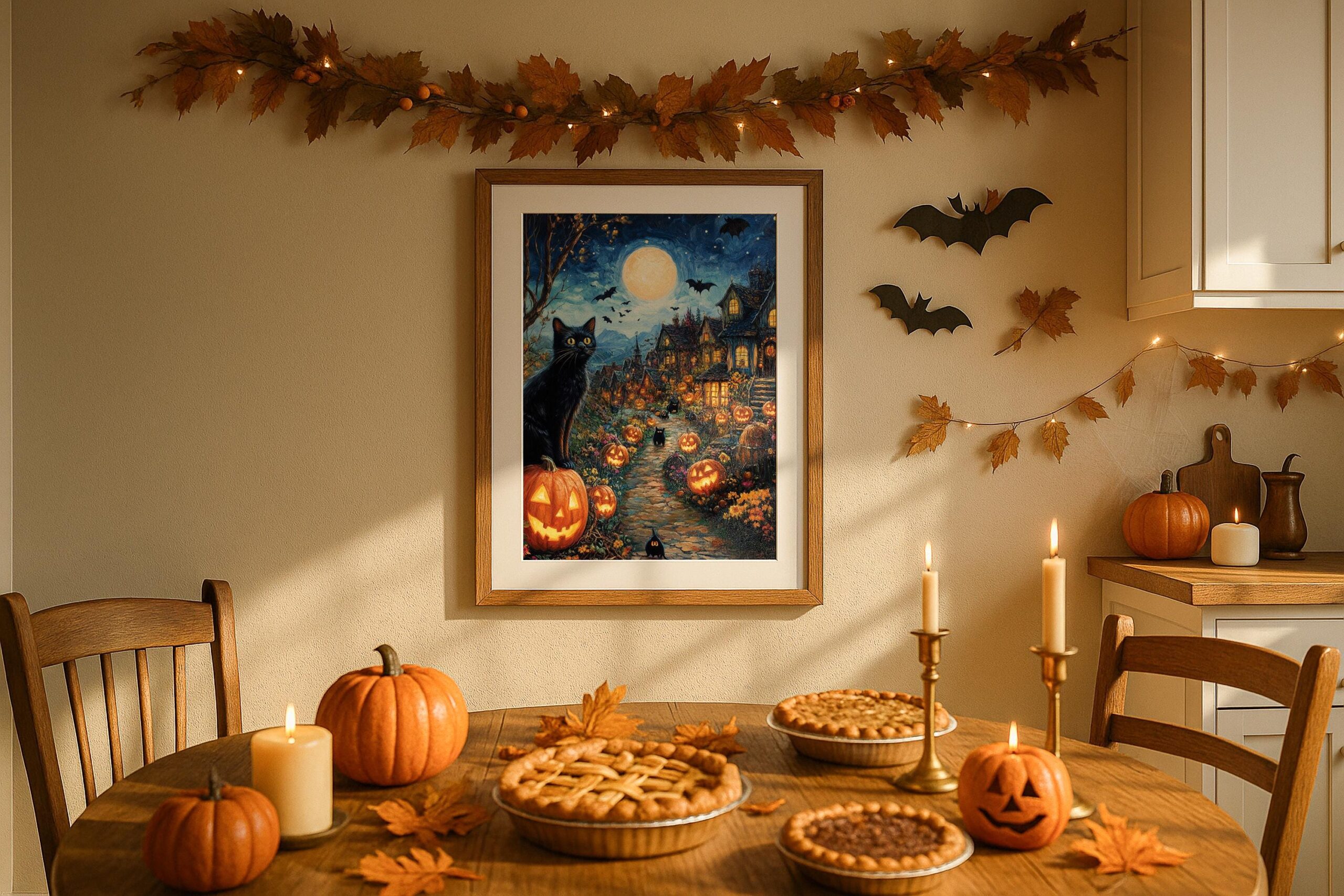 Halloween Village Wall Art, Black Cat Print, Glowing Pumpkin Decor - Image 2