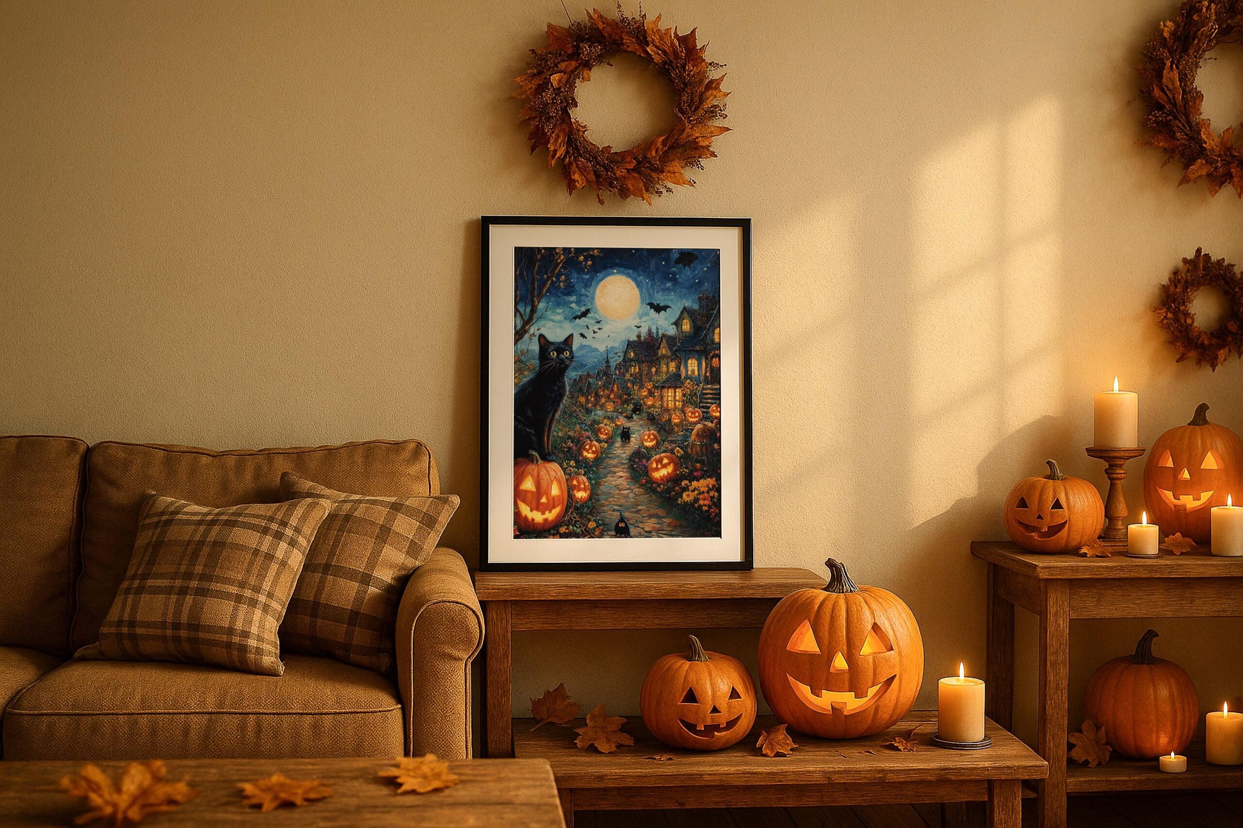 Halloween Village Wall Art, Black Cat Print, Glowing Pumpkin Decor - Image 8