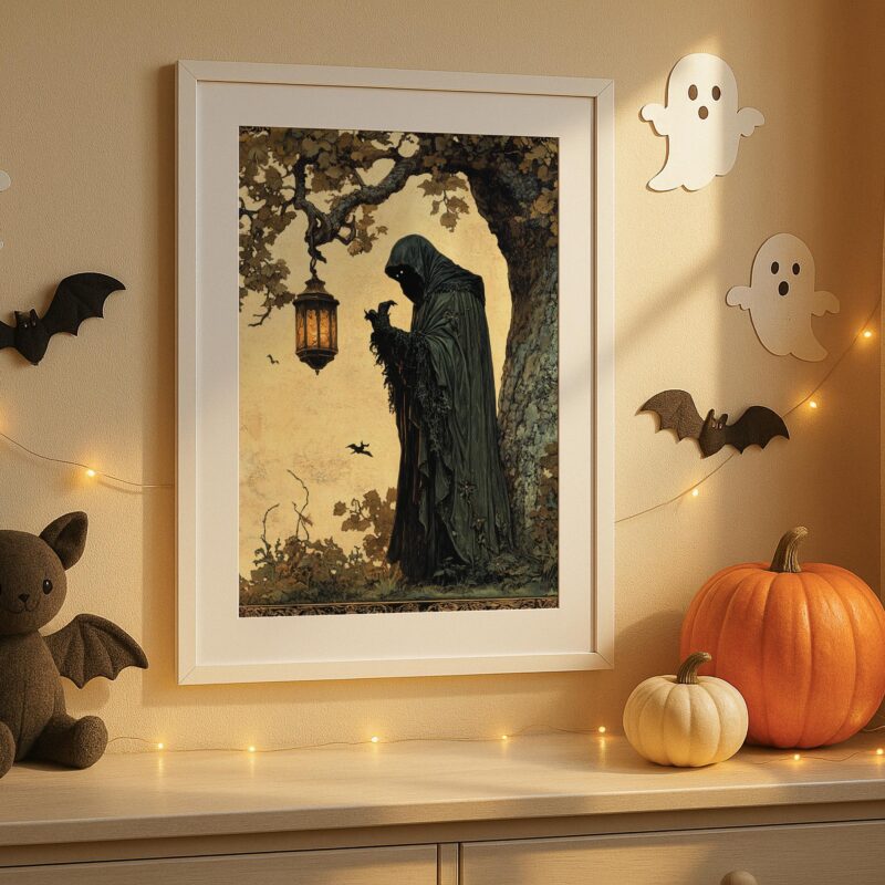 Cloaked Figure Wall Art, Gothic Lantern Print, Dark Fantasy Forest Decor