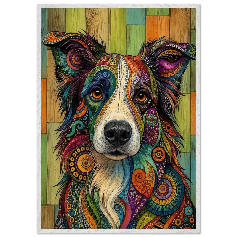 Vibrant Paisley Border Collie Framed Art, Psychedelic Dog Print, Colorful Bohemian Decor