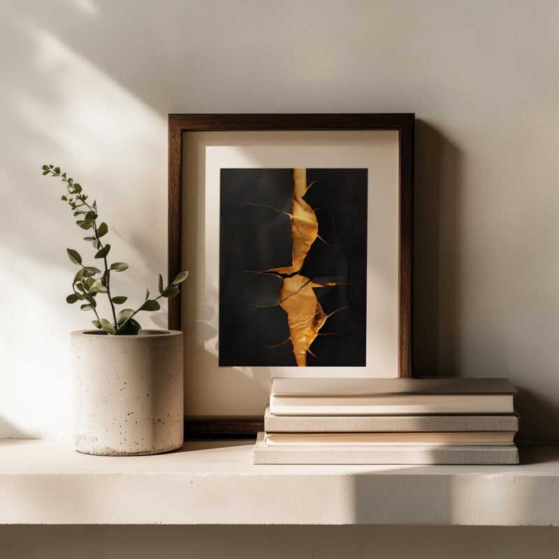 Dark Mountain Wall Art, Gold River Landscape Print for Modern Interiors