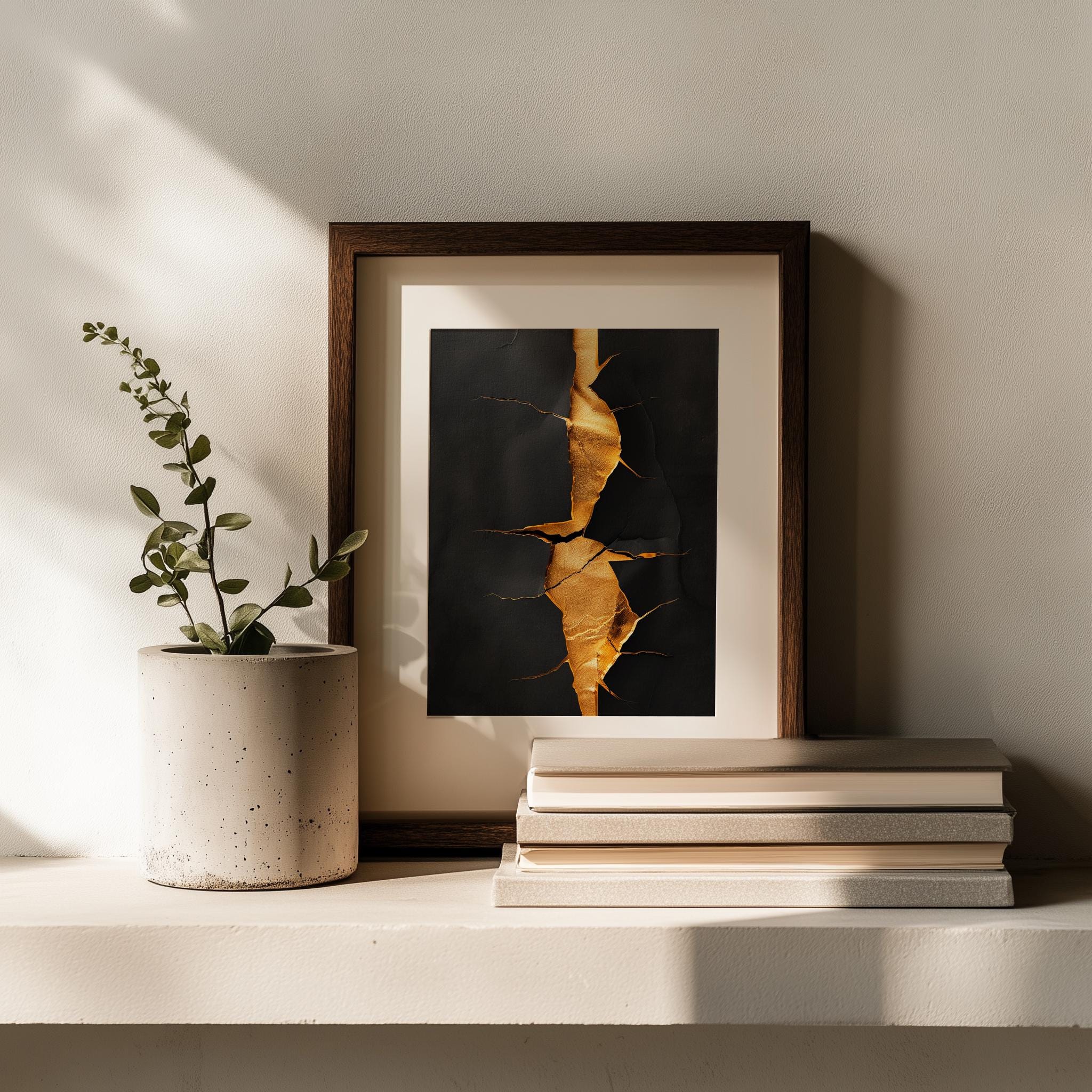Dark Mountain Wall Art, Gold River Landscape Print for Modern Interiors