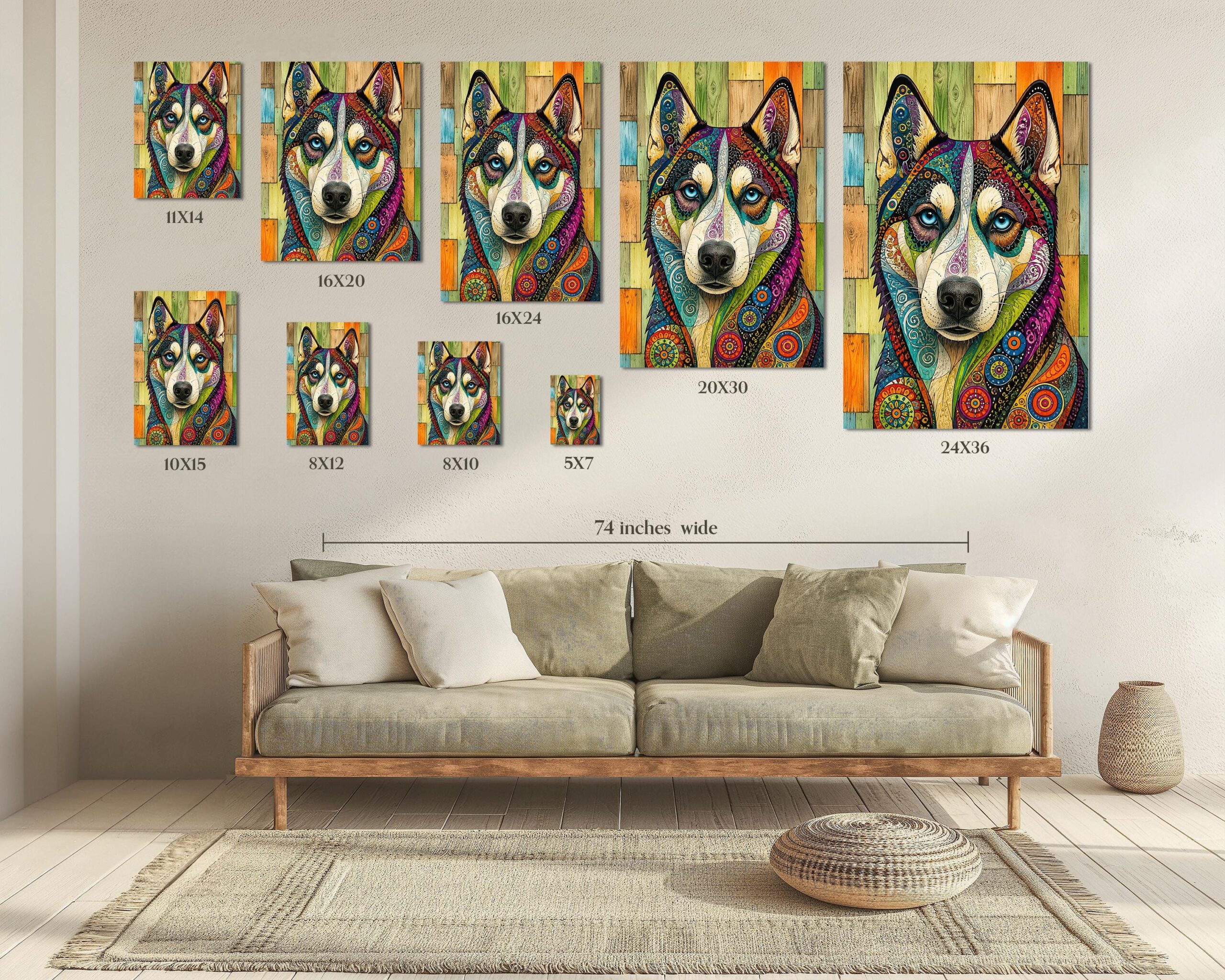Psychedelic Husky Wall Art, Colourful Boho Dog Print for Modern Interiors - Image 2