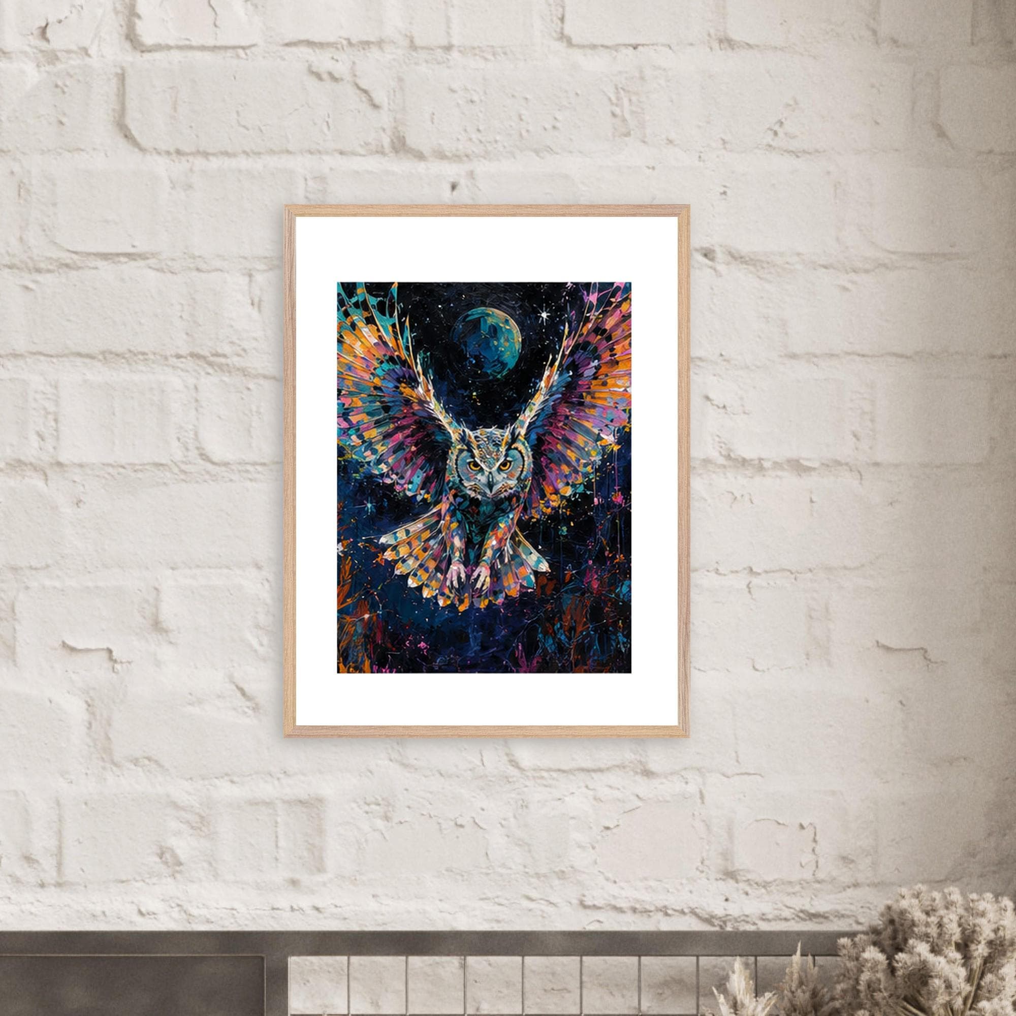 Abstract Cosmic Owl Framed Wall Art, Vibrantly Painted Owl in Flight for a Modern Home Accent - Image 6