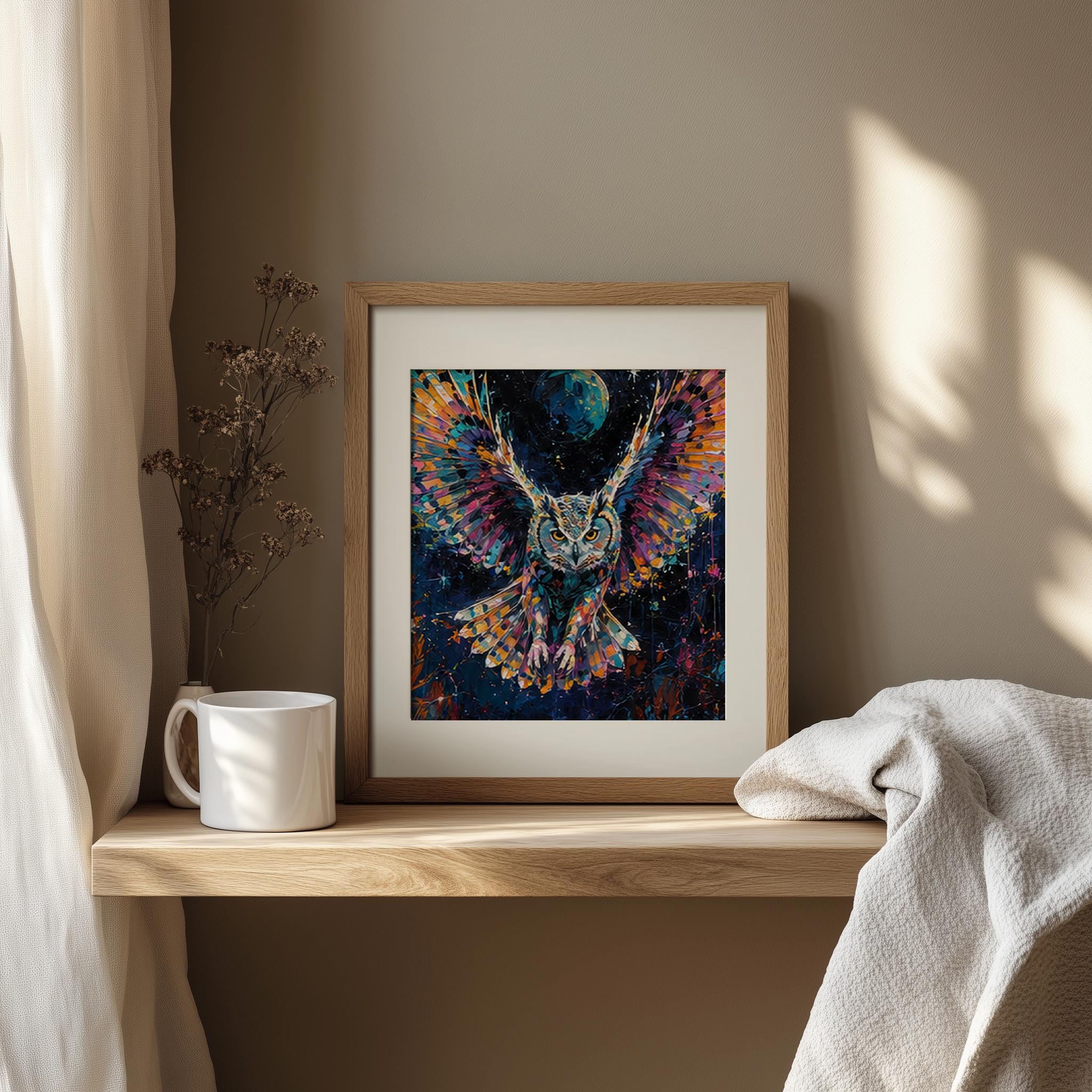 Abstract Cosmic Owl Framed Wall Art, Vibrantly Painted Owl in Flight for a Modern Home Accent - Image 8