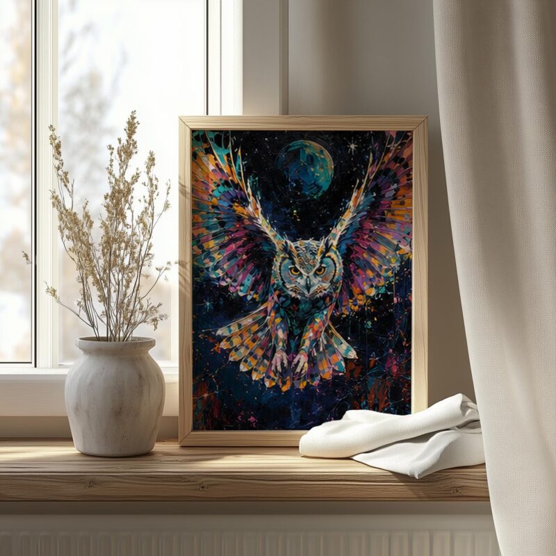 Abstract Cosmic Owl Framed Wall Art, Vibrantly Painted Owl in Flight for a Modern Home Accent