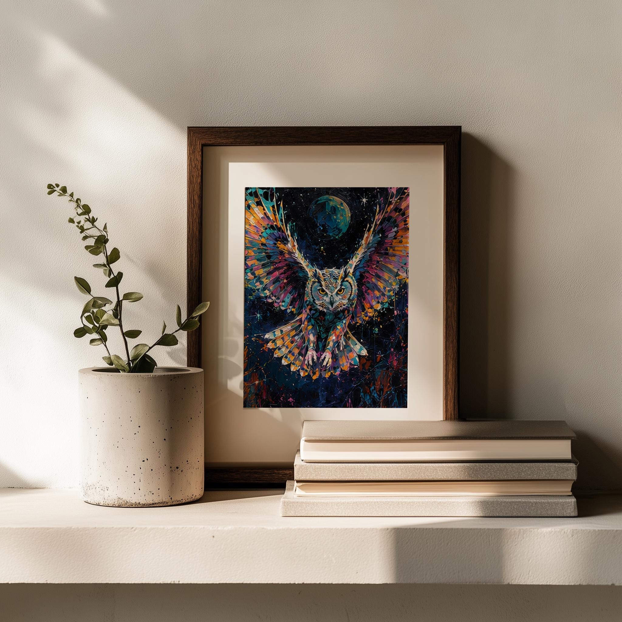 Abstract Cosmic Owl Framed Wall Art, Vibrantly Painted Owl in Flight for a Modern Home Accent - Image 9