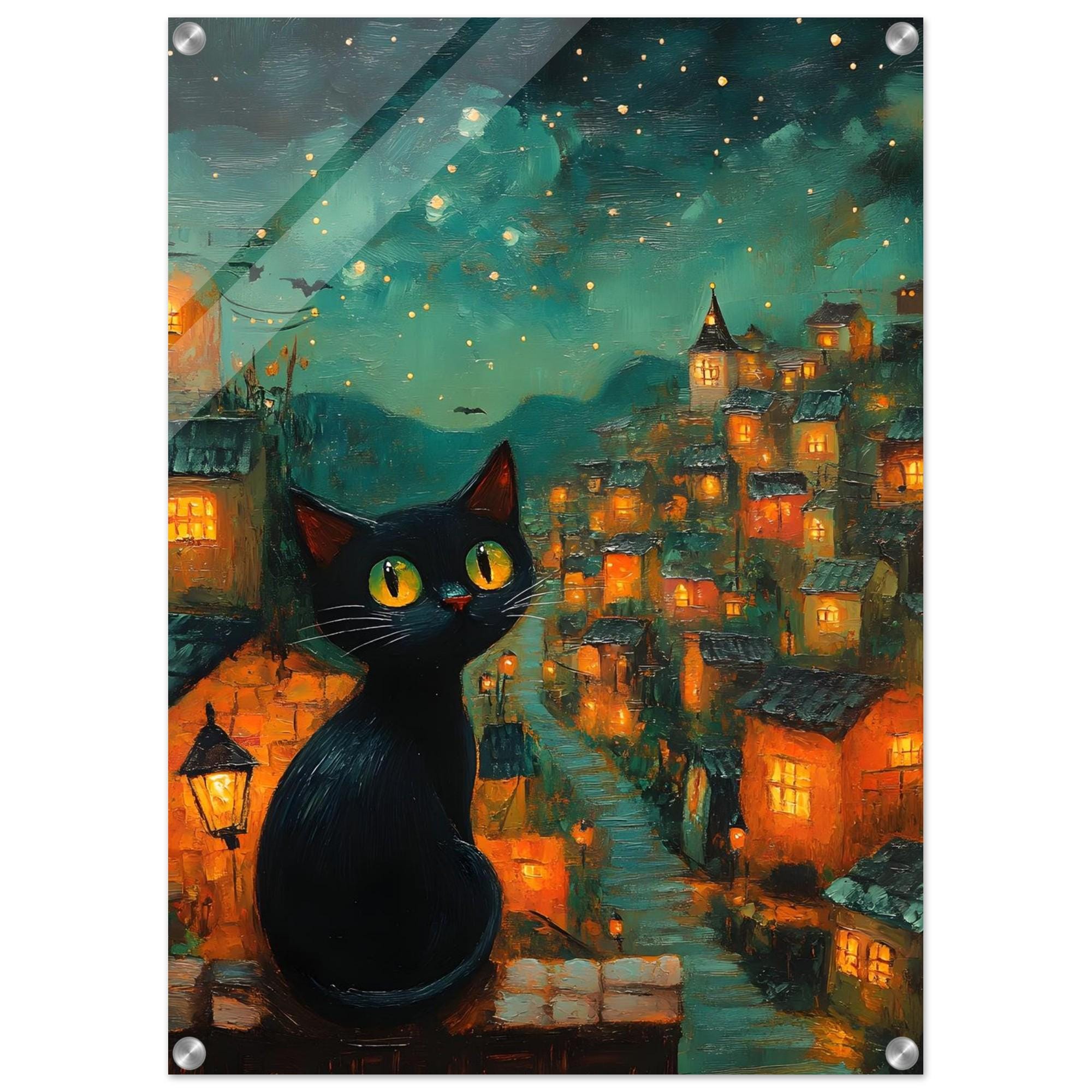 Black Cat Village Wall Art, Whimsical Starry Night Print or Aluminium - Image 7