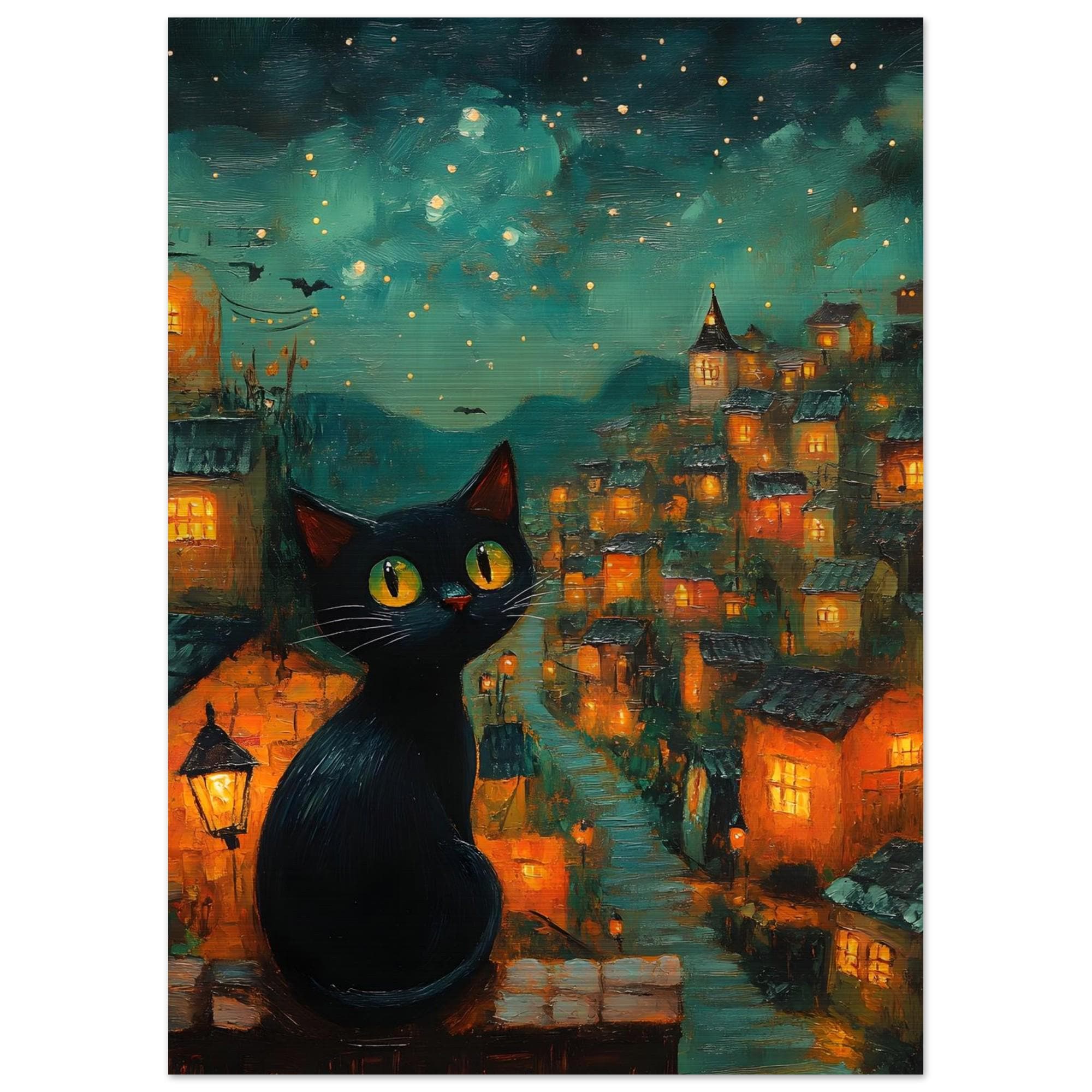 Black Cat Village Wall Art, Whimsical Starry Night Print or Aluminium - Image 10