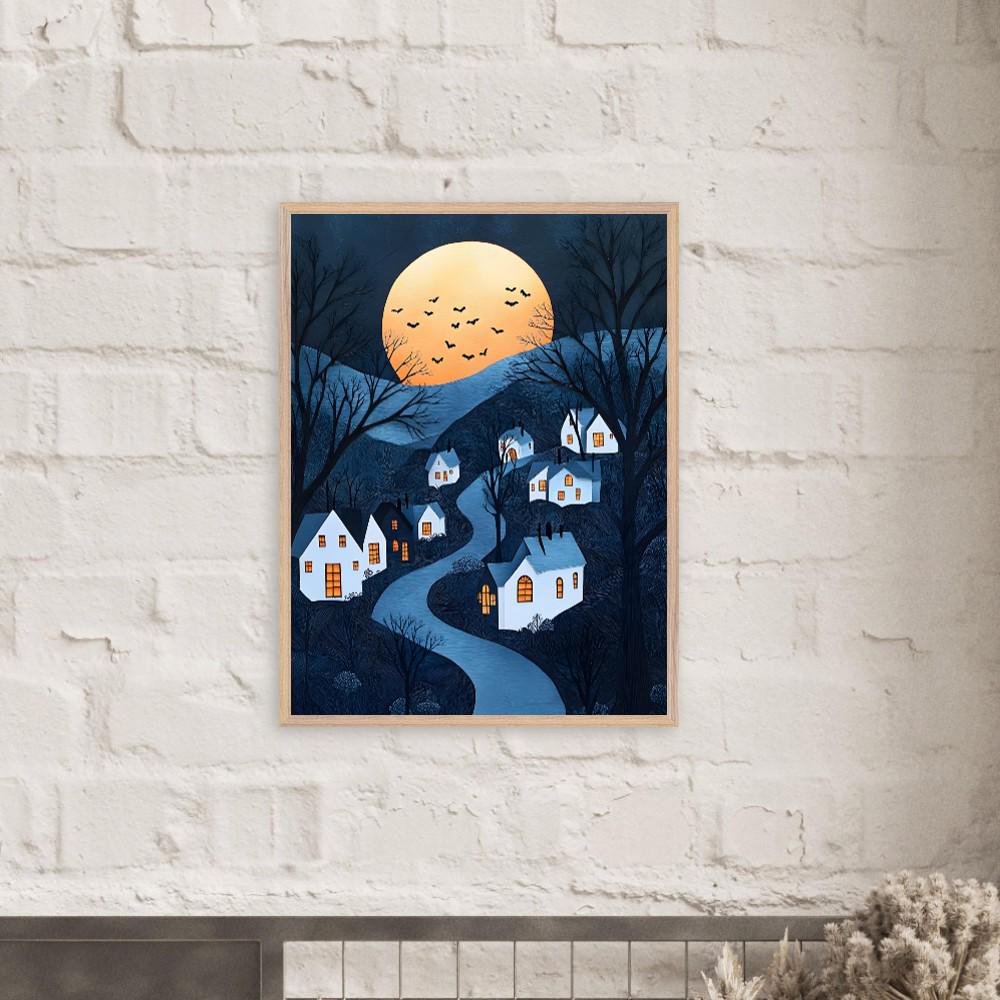 Halloween Village Wall Art, Whimsical Full Moon Print or Aluminium - Image 2