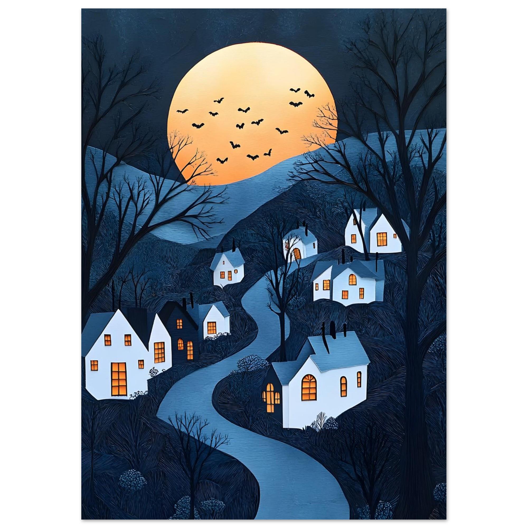 Halloween Village Wall Art, Whimsical Full Moon Print or Aluminium - Image 5