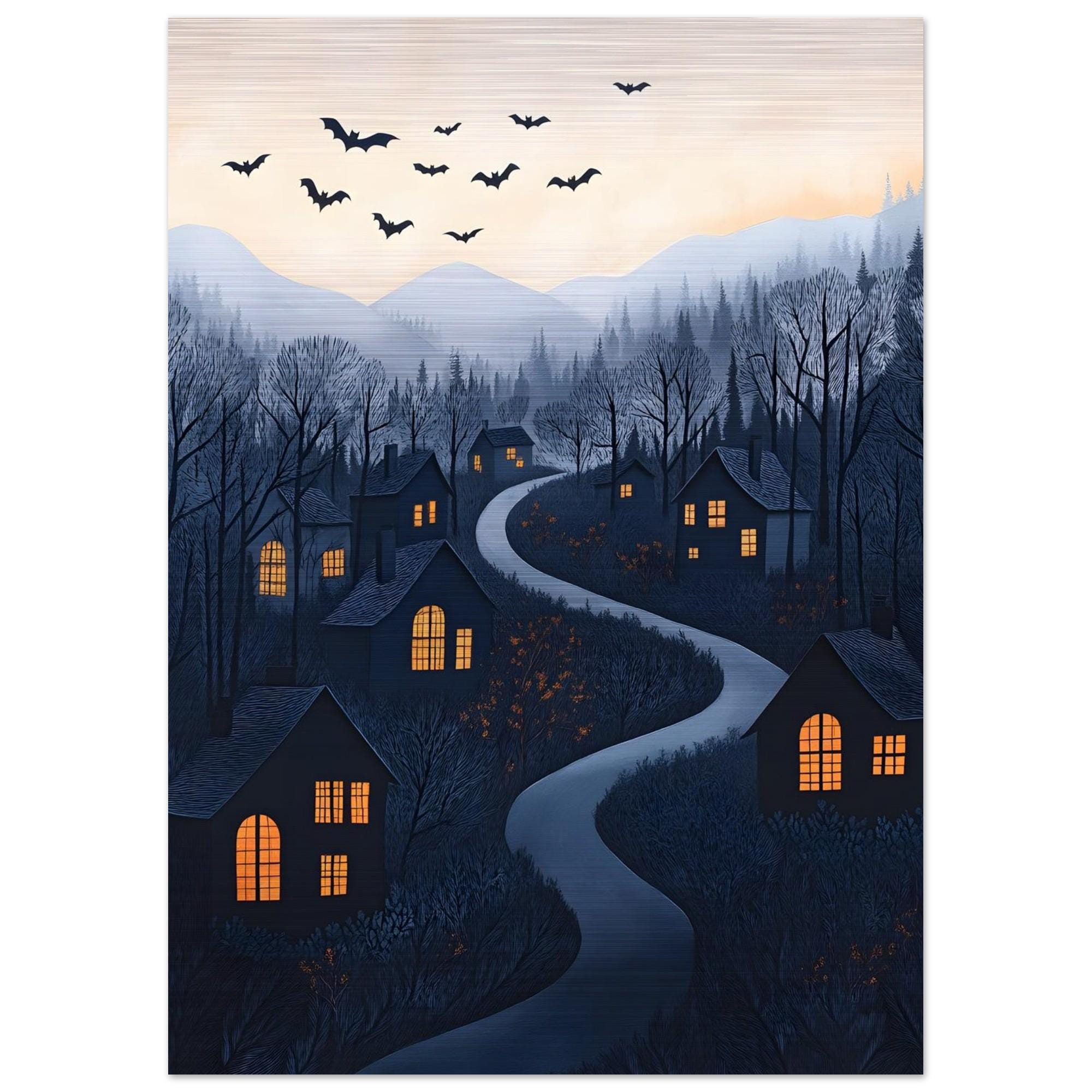 Halloween Village Wall Art, Whimsical Spooky Night Print with Bats - Image 3
