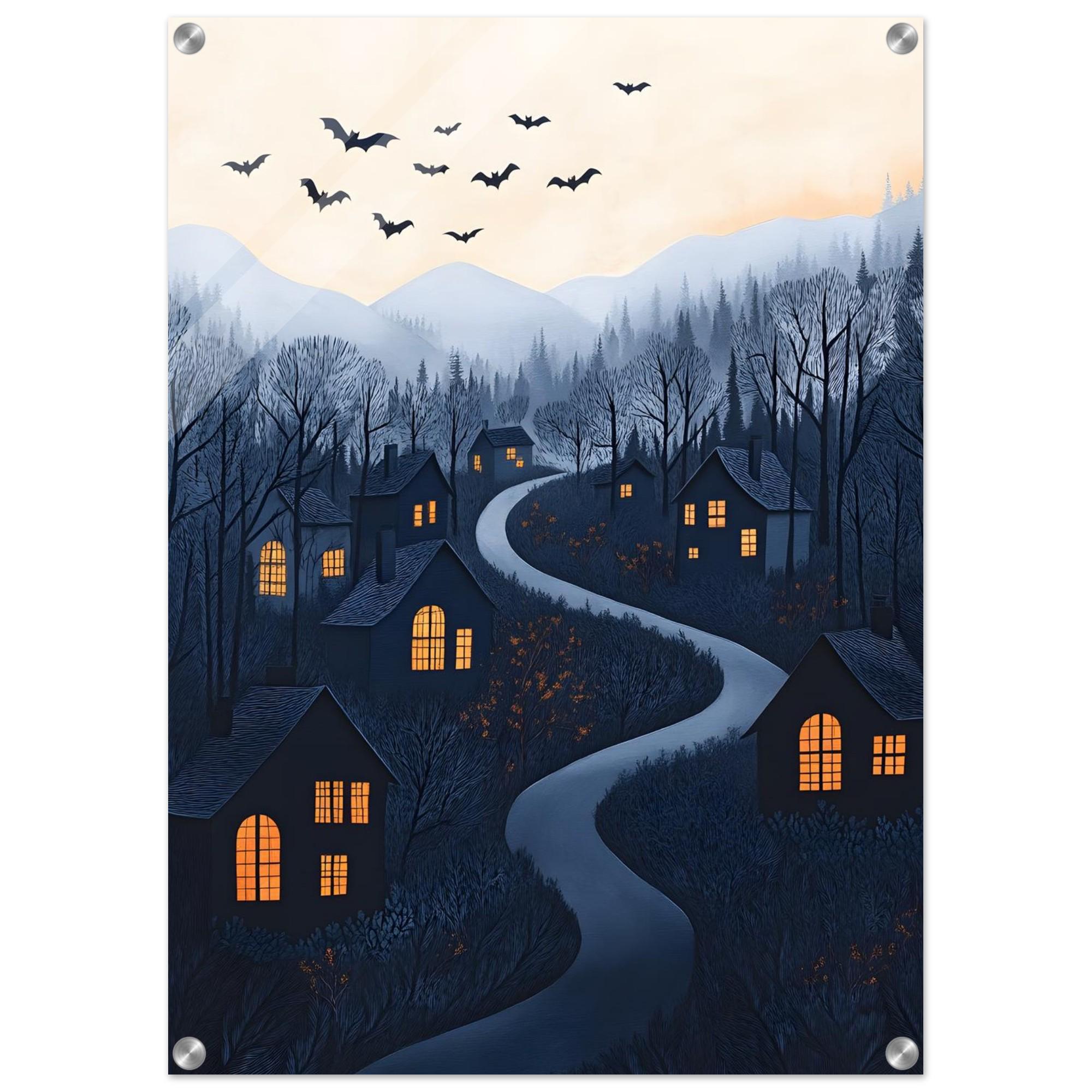 Halloween Village Wall Art, Whimsical Spooky Night Print with Bats - Image 4