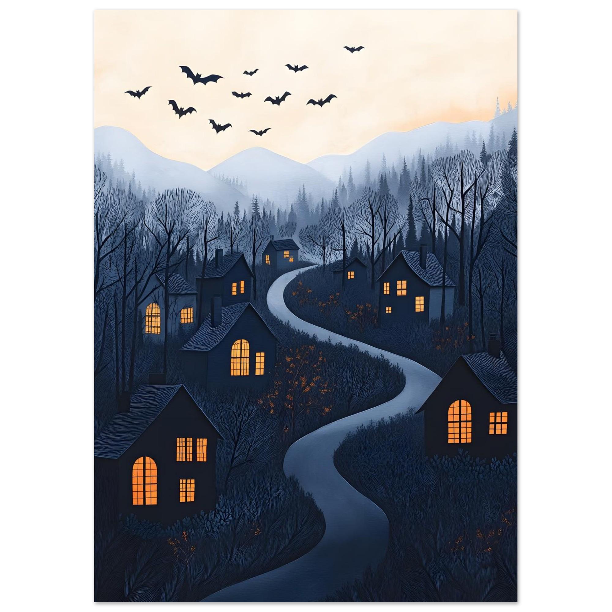 Halloween Village Wall Art, Whimsical Spooky Night Print with Bats - Image 6