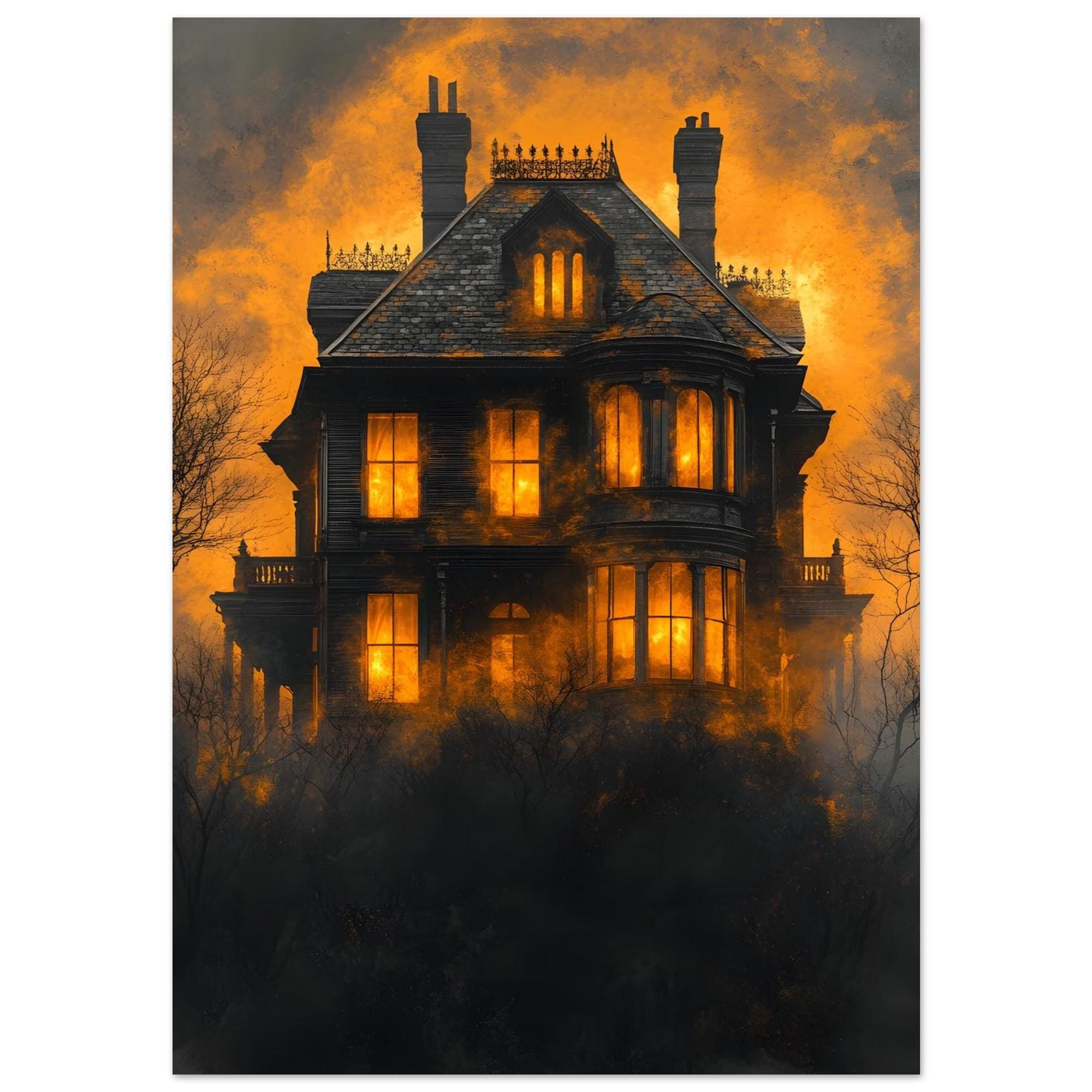 Haunted Mansion Wall Art, Victorian Gothic Print with Fiery Twilight Sky - Image 5