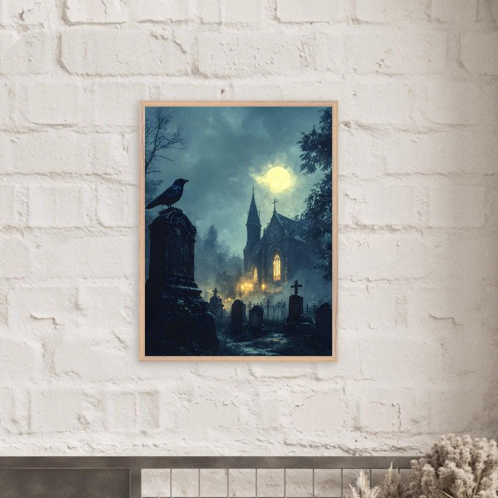 Gothic Graveyard Wall Art, Haunted Church Raven Print, Dark Academia Decor - Image 2