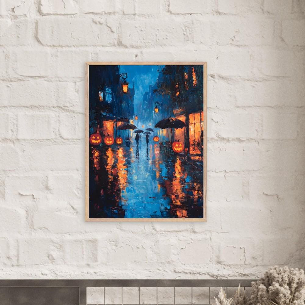 Rainy Halloween Street Wall Art, Glowing Pumpkin Print, Moody Autumn Decor - Image 3