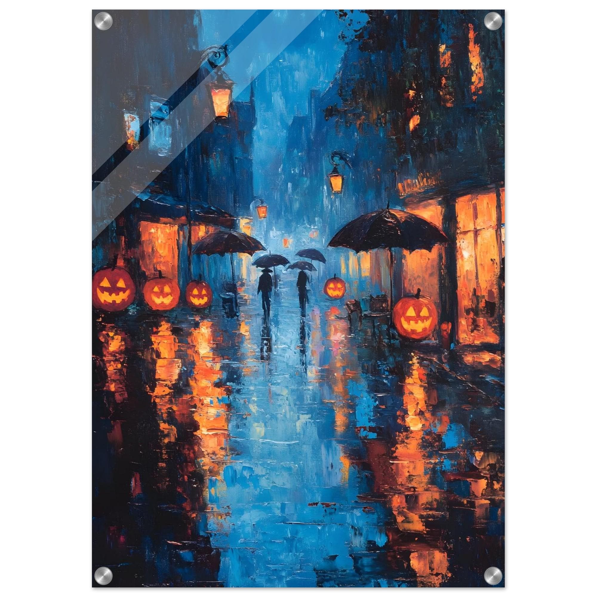 Rainy Halloween Street Wall Art, Glowing Pumpkin Print, Moody Autumn Decor - Image 7