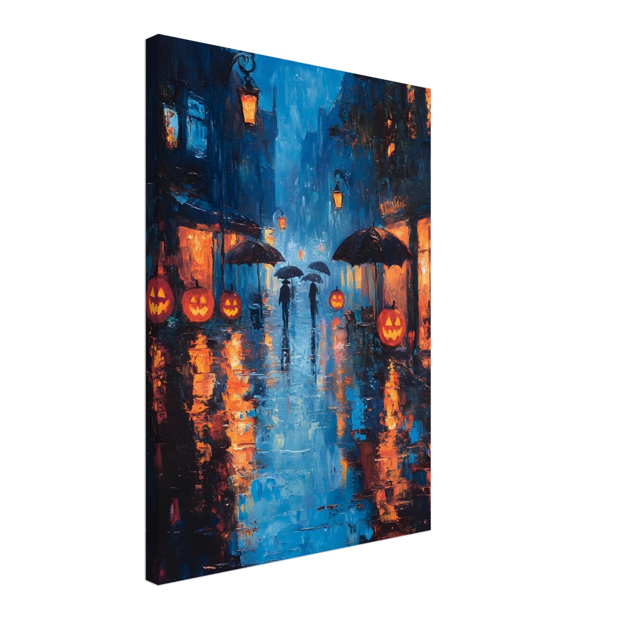 Rainy Halloween Street Wall Art, Glowing Pumpkin Print, Moody Autumn Decor - Image 4