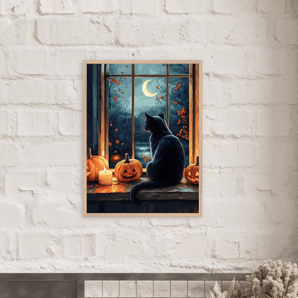 Black Cat Halloween Wall Art, Pumpkin Window Print, Cosy Gothic Decor - Image 2
