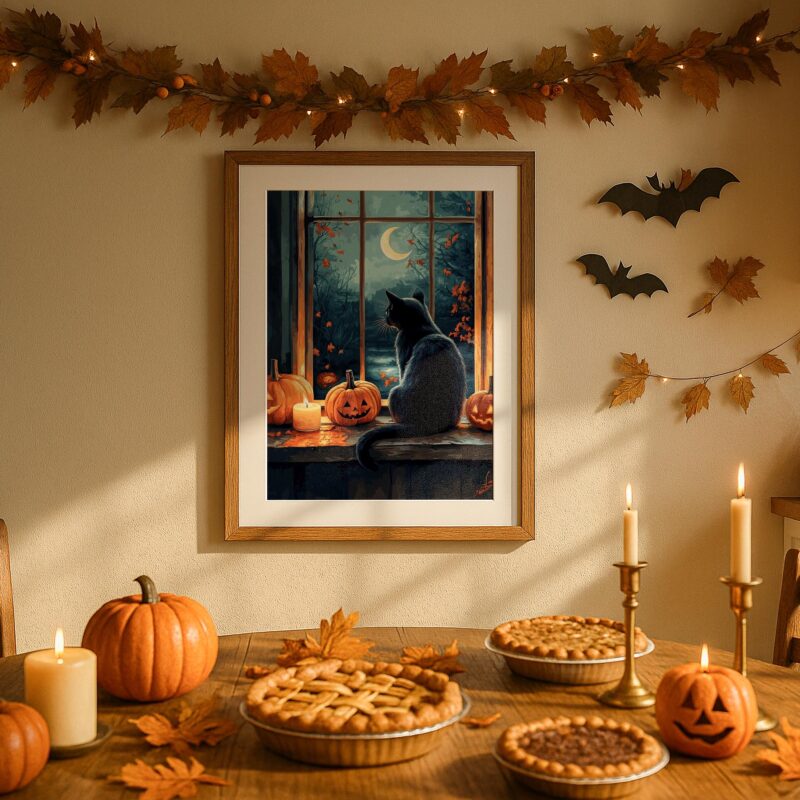 Black Cat Halloween Wall Art, Pumpkin Window Print, Cosy Gothic Decor