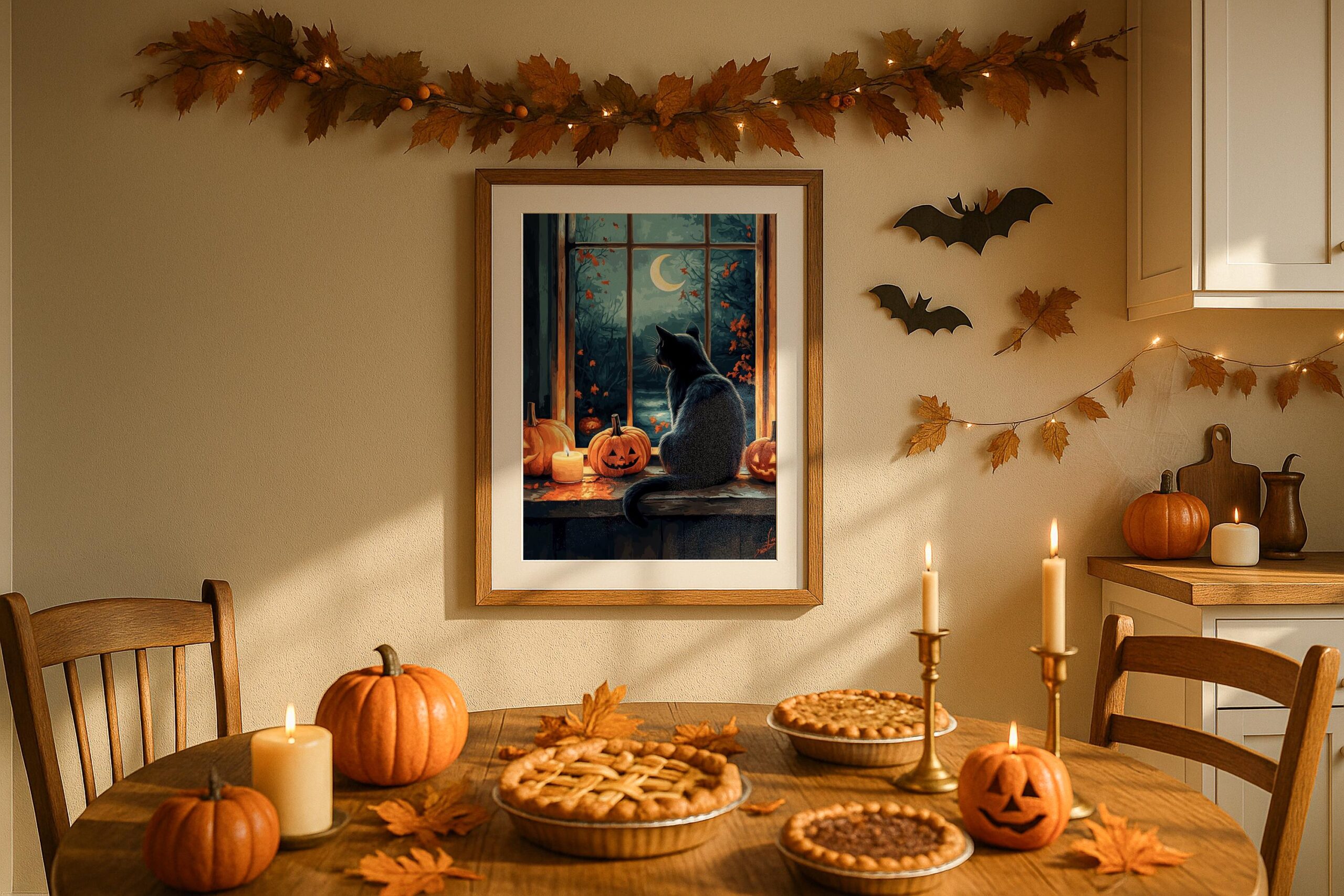 Black Cat Halloween Wall Art, Pumpkin Window Print, Cosy Gothic Decor