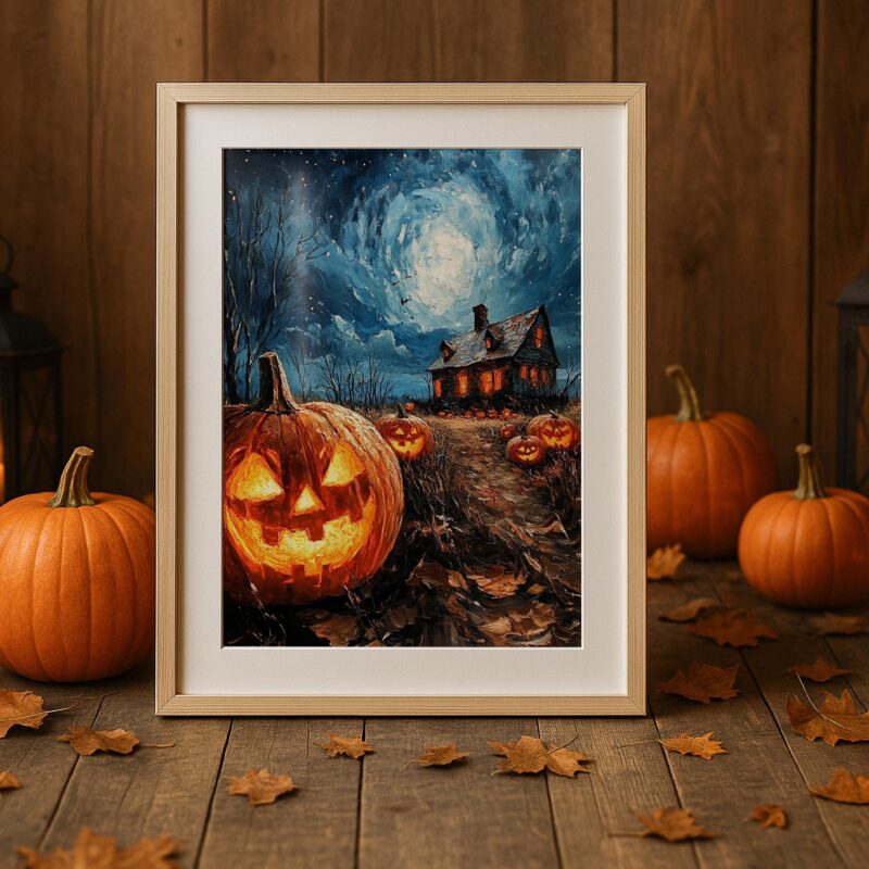 Jack O Lantern Wall Art, Haunted House Print, Spooky Halloween Decor