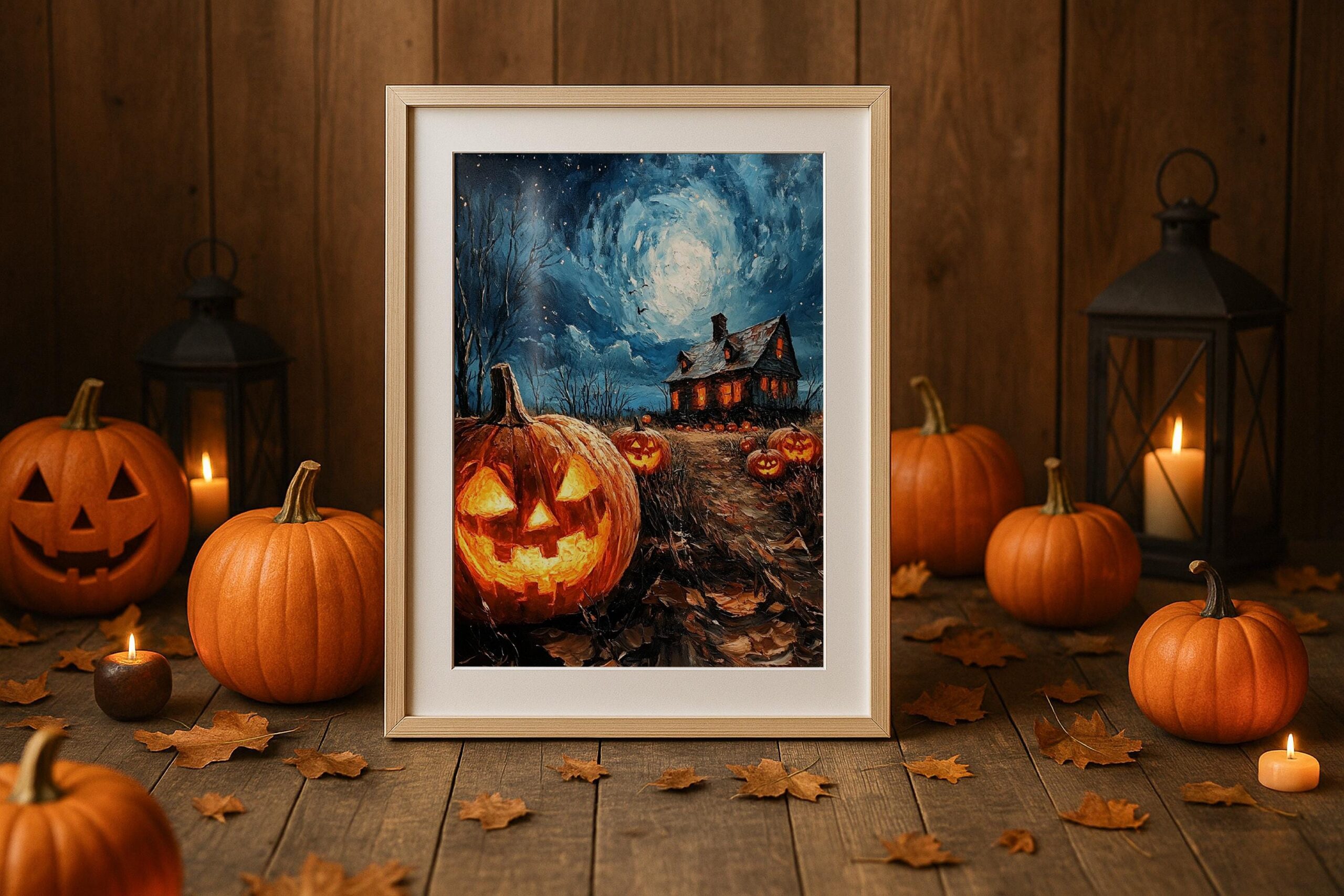 Jack O Lantern Wall Art, Haunted House Print, Spooky Halloween Decor