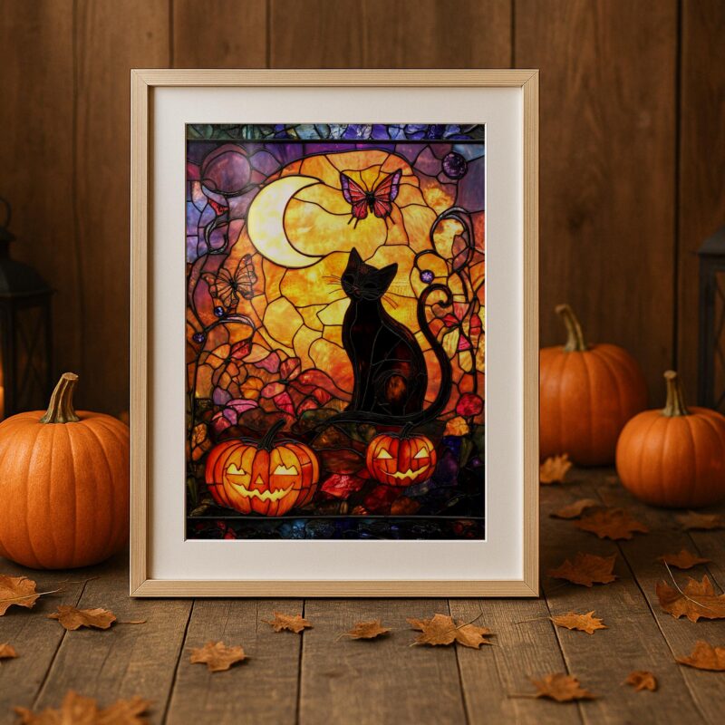 Black Cat Stained Glass Wall Art, Crescent Moon Print, Halloween Decor