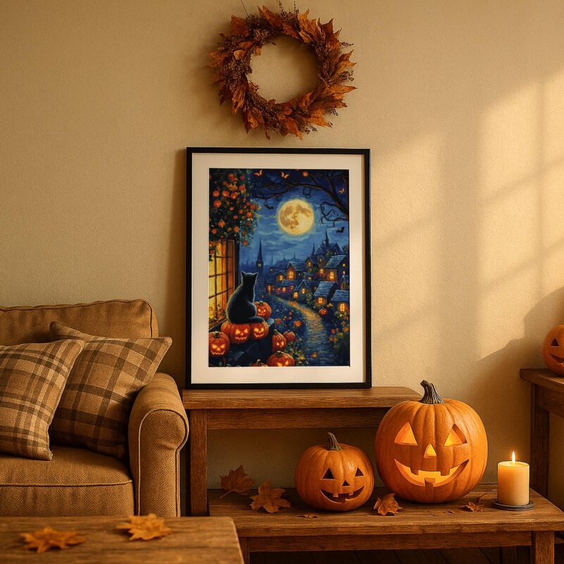 Black Cat Halloween Wall Art, Glowing Pumpkin Print, Whimsical Moonlit Decor