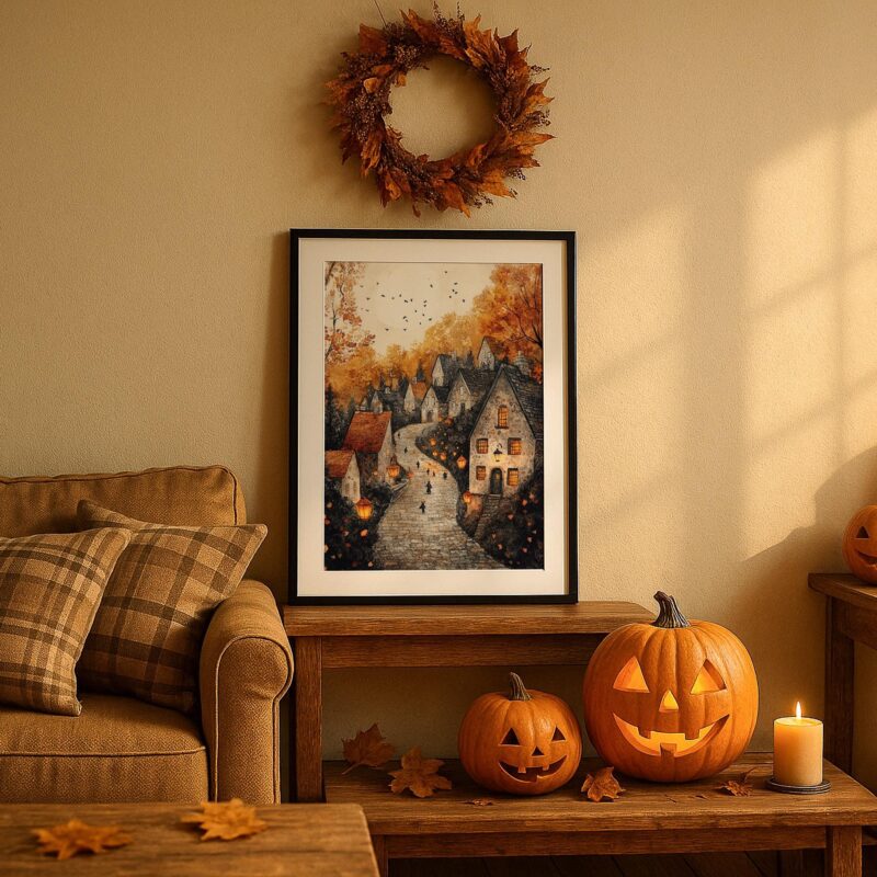 Autumn Village Wall Art, Enchanted Cottage Watercolor, Cosy Fall Decor