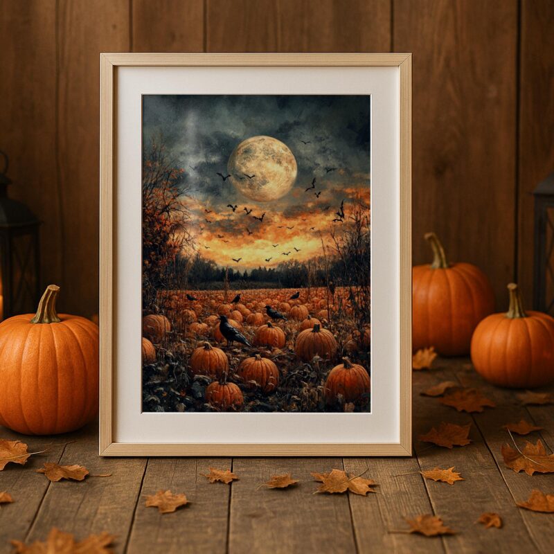 Haunted Pumpkin Patch Wall Art, Full Moon Halloween Print, Spooky Autumn Decor