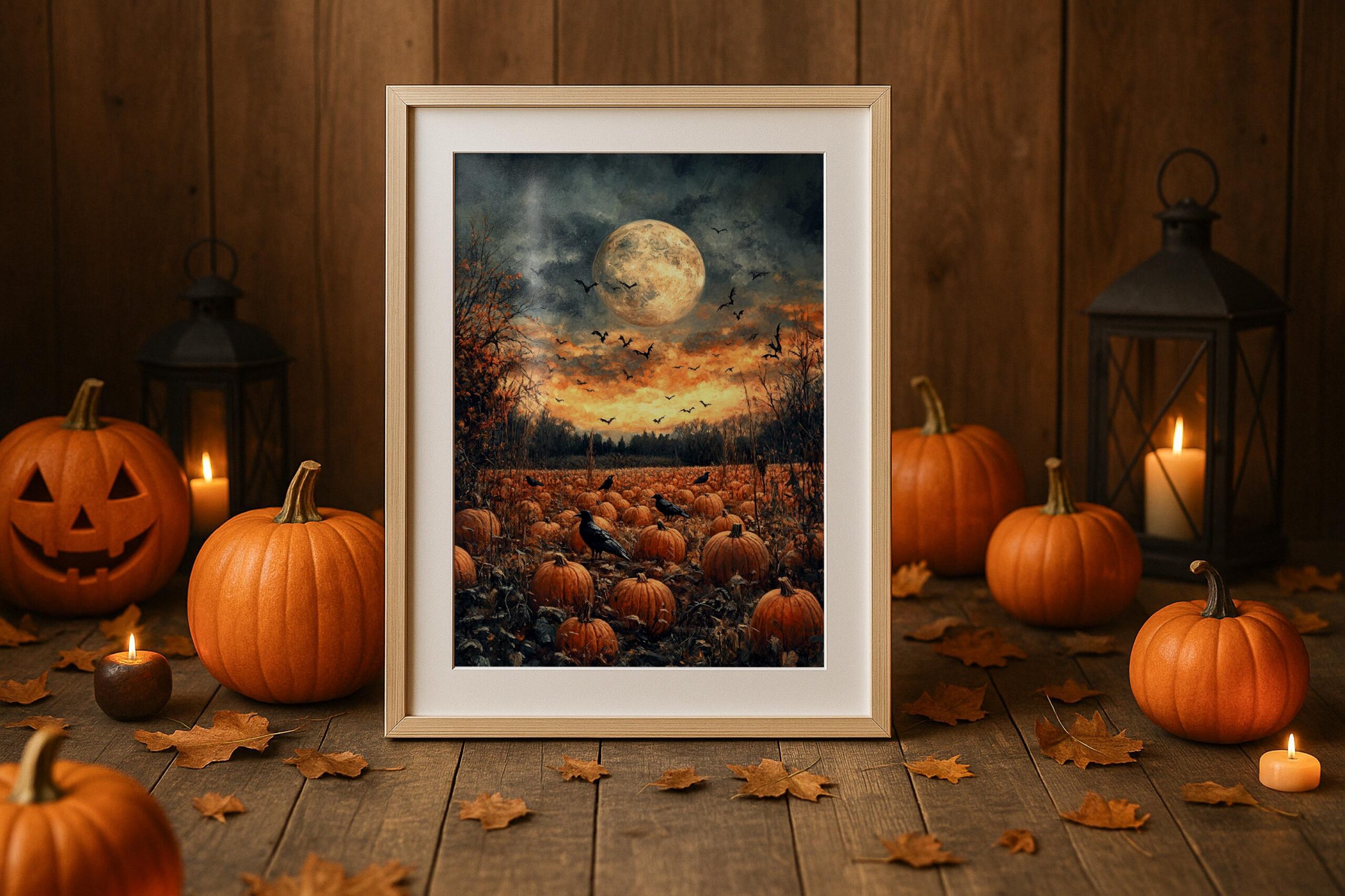 Haunted Pumpkin Patch Wall Art, Full Moon Halloween Print, Spooky Autumn Decor