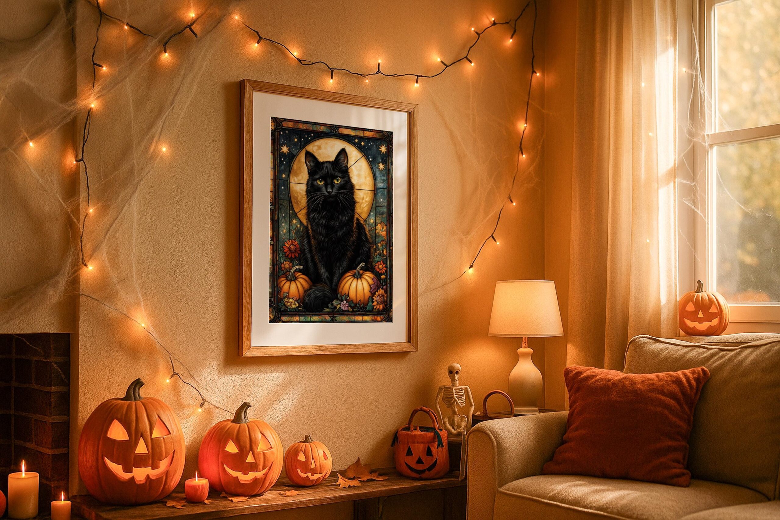Black Cat Halloween Wall Art, Stained Glass Gothic Print, Acrylic or Aluminium - Image 9